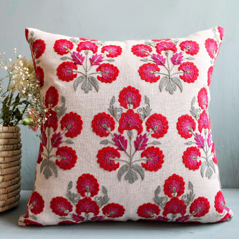 Suzani Red Butah linen cushion in red, pink and grey, hand embroidered, 45 x 45cm