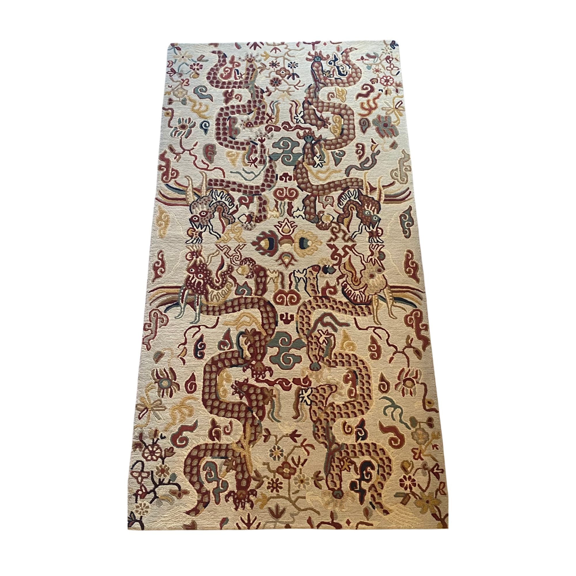 Tibetan hand-knotted dragon rug in wool, design detail