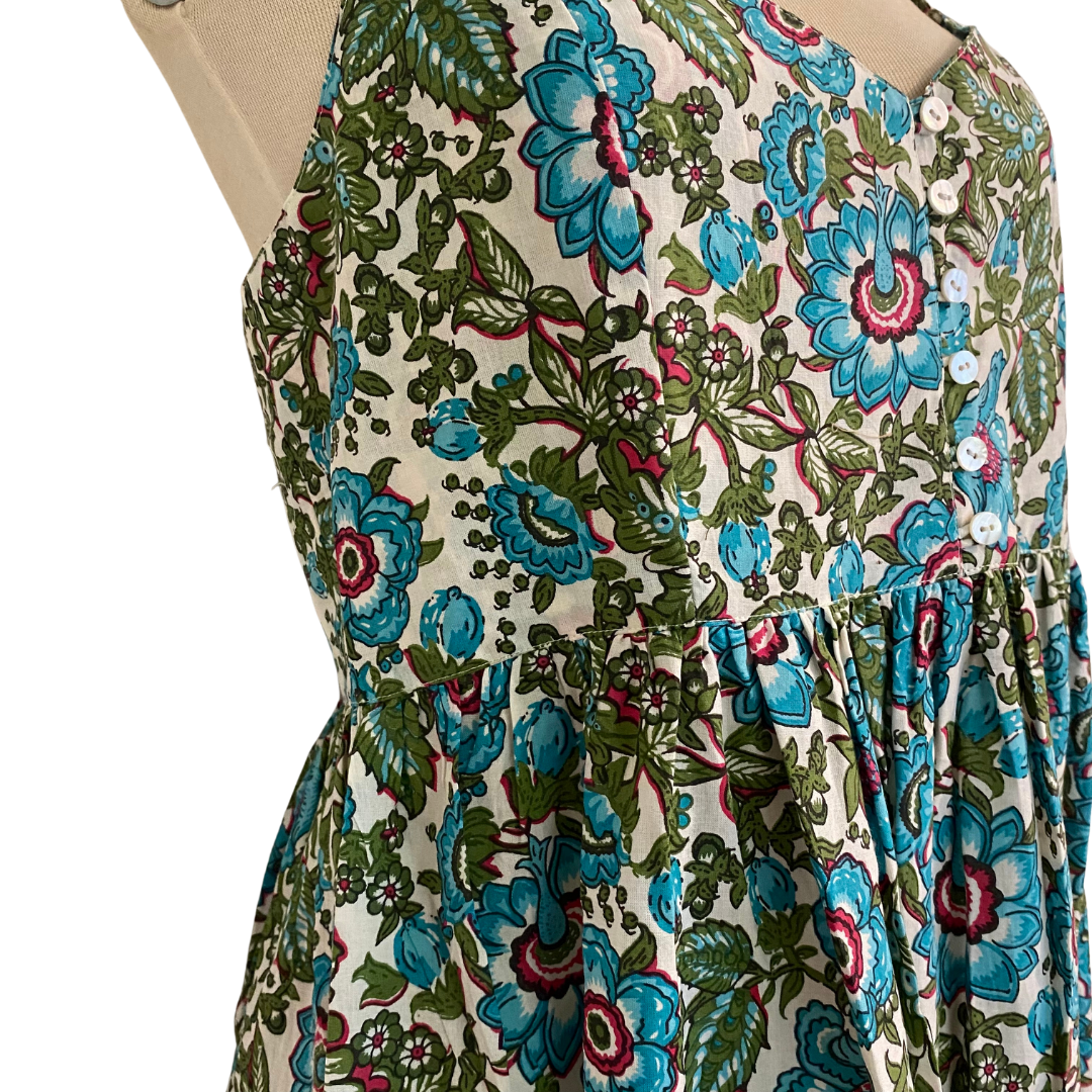 Turquoise Anna block-print cotton sundress, calf-length
