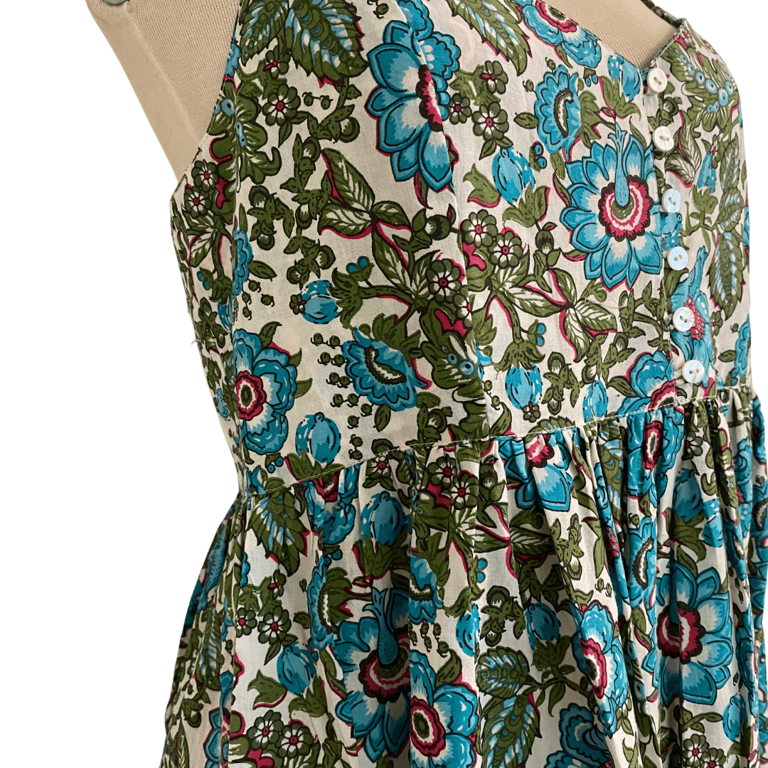 Turquoise Anna block-print cotton sundress, calf-length