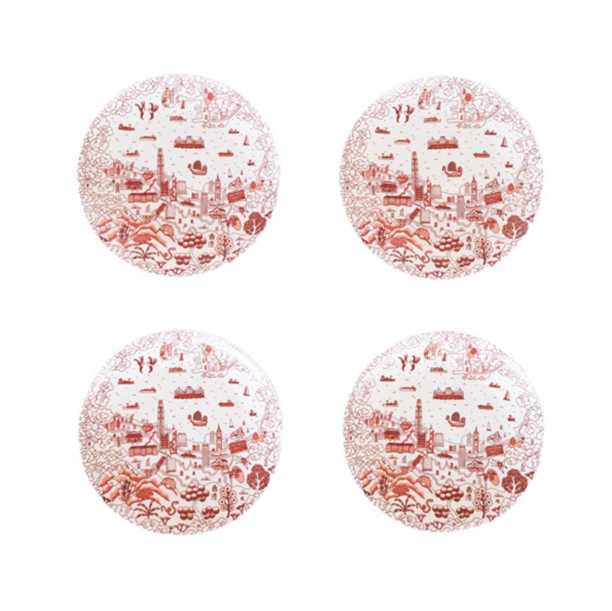 Willow pattern 10.5 inch plate in red, set of four, fine bone china, 27cm