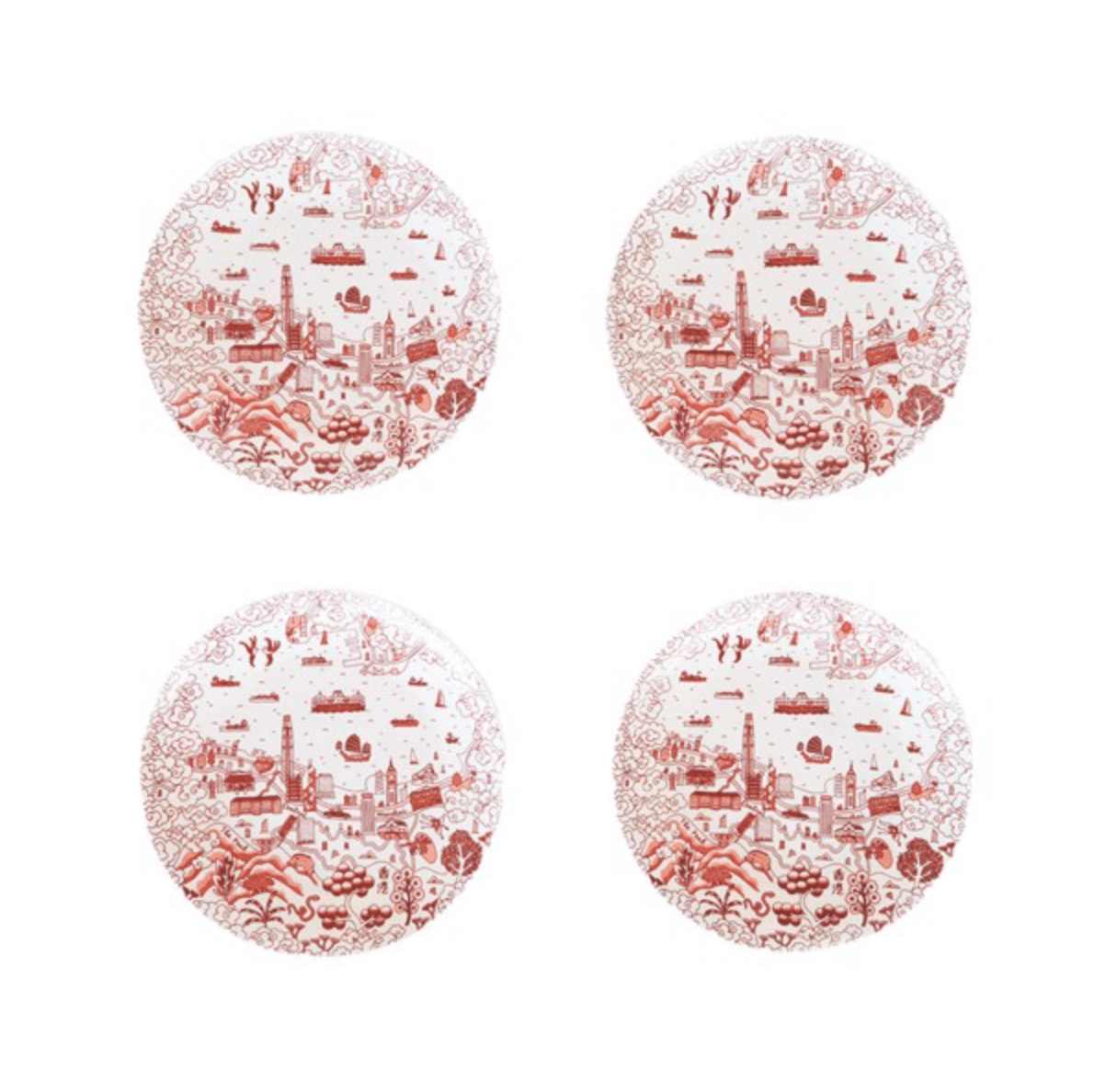 Willow pattern 10.5 inch plate in red, set of four, fine bone china, 27cm