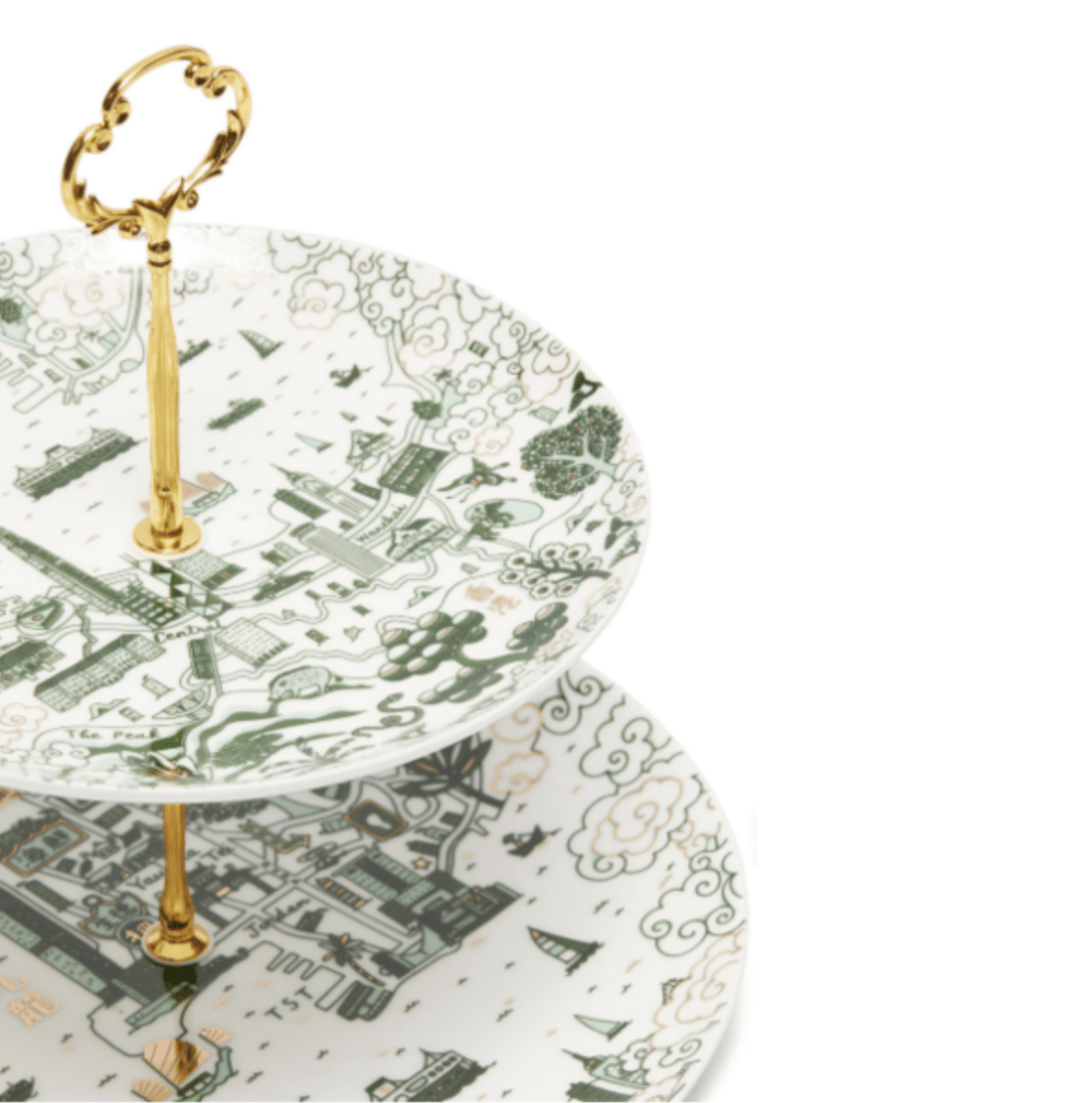 Willow pattern cake stand in green and gold, fine bone china, Hong Kong design, 28cm