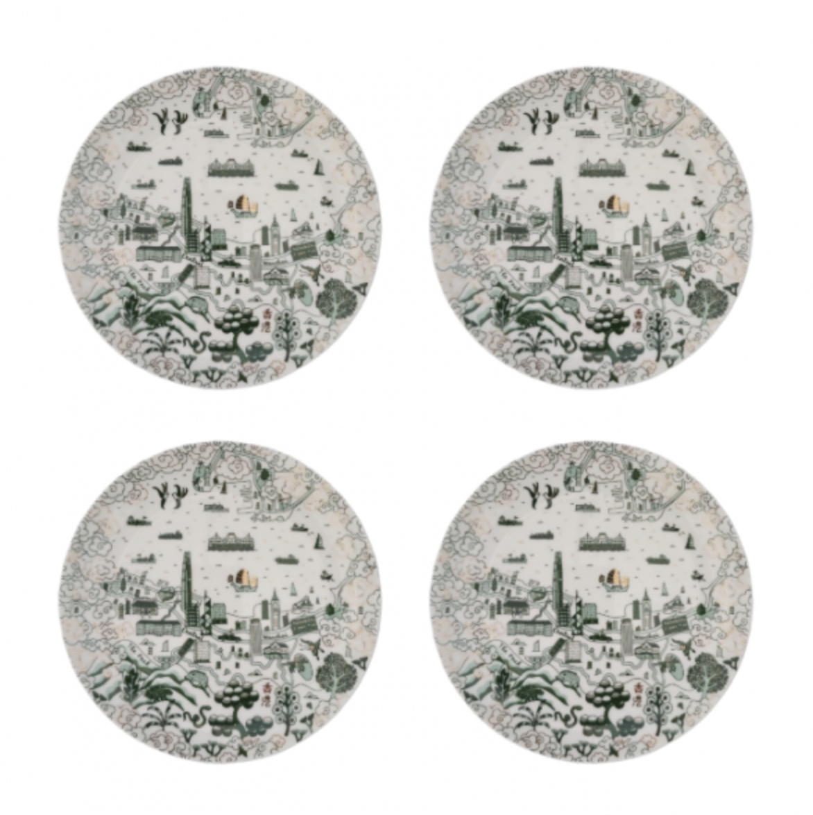 Willow pattern 10.5 inch dinner plates in green and gold, set of four, fine bone china