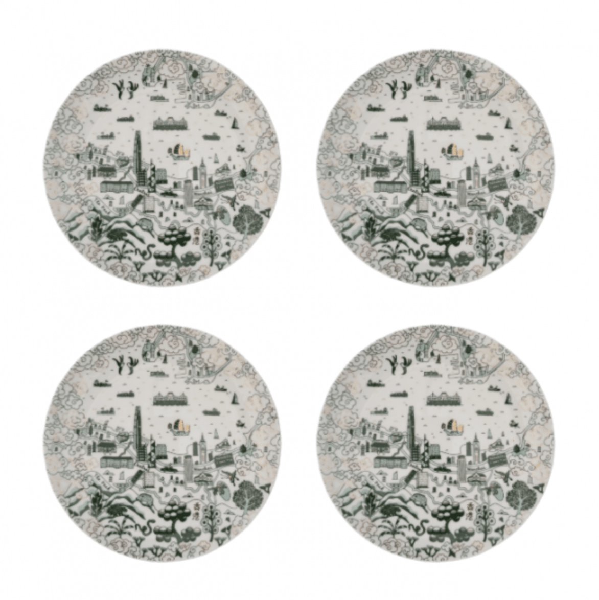 Willow pattern 10.5 inch dinner plates in green and gold, set of four, fine bone china
