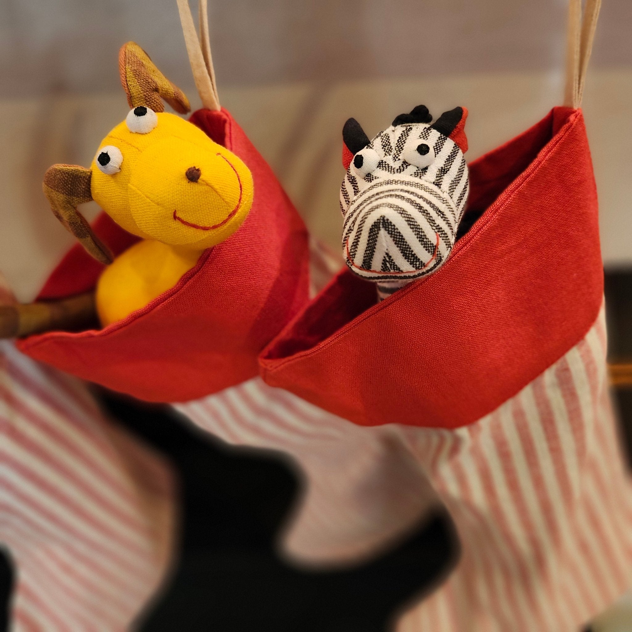 Ziggy the Zebra soft toy in handwoven cotton, styled