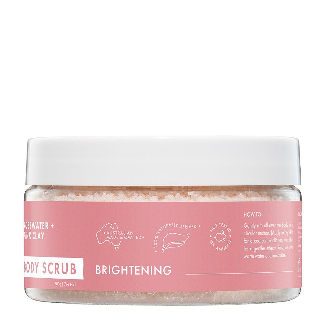 Rosewater and pink clay body scrub jar, side view detail, nourishing natural exfoliant
