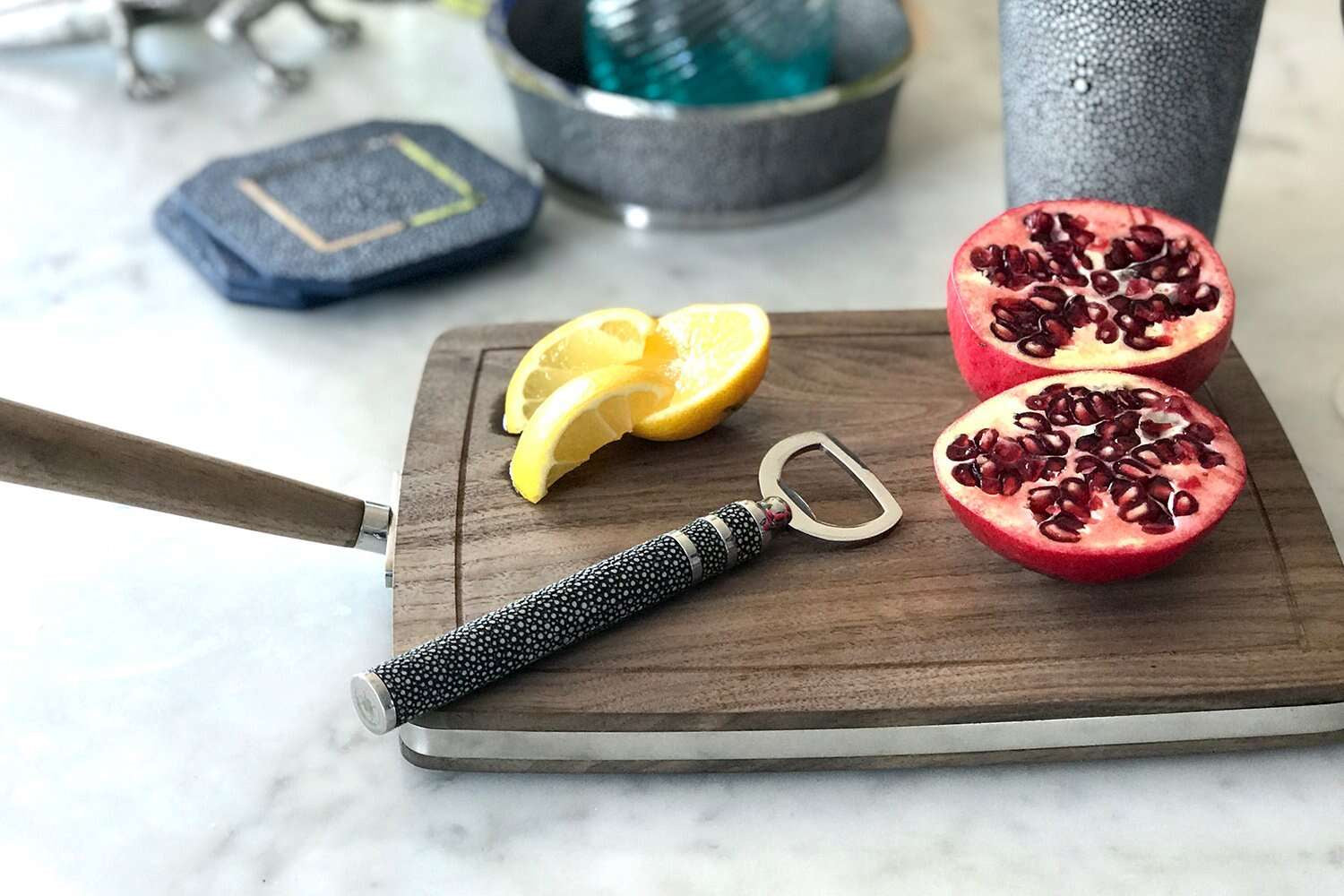 Faux shagreen bottle opener in charcoal by Forwood Design, stainless steel with textured handle