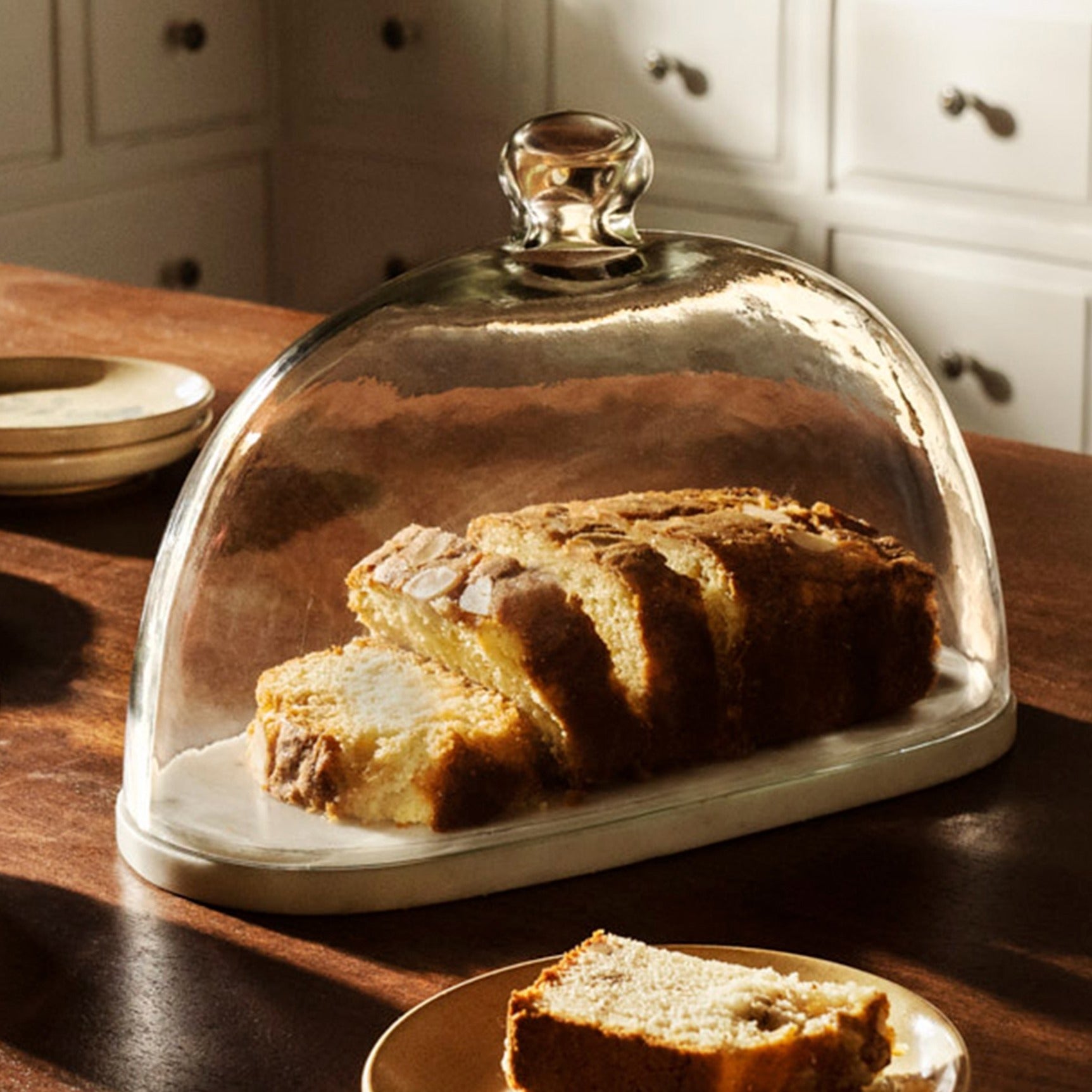 Glass cloche with oval marble base by Ellementry, handcrafted serving dome