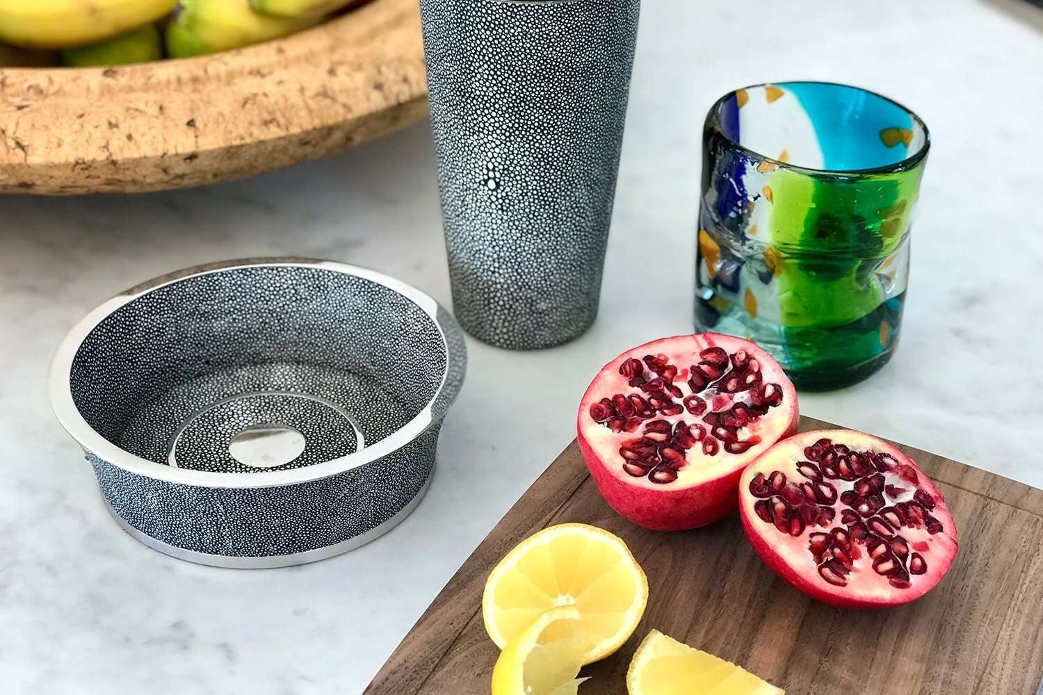 Charcoal faux shagreen wine coasters by Forwood Design, set of two, styled on a dining table