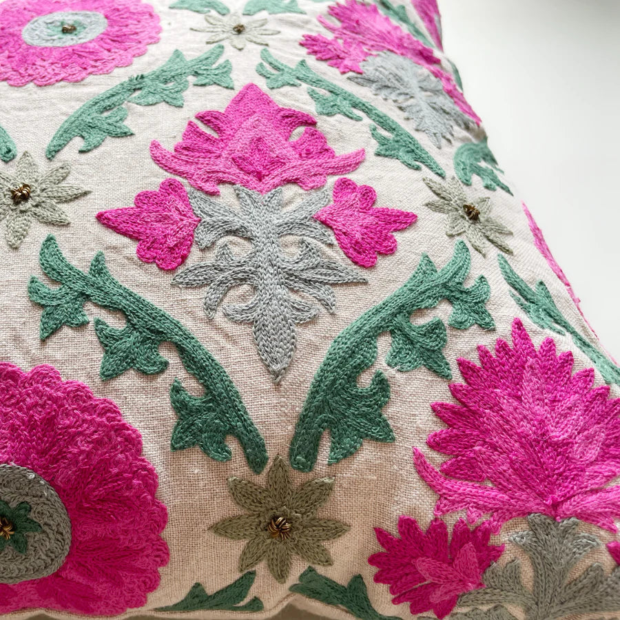 Suzani Firozi Green linen cushion, green and grey needlework, detail