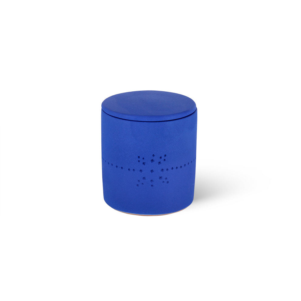 Izza Blue Mandarin candle, blue ceramic pot, side view