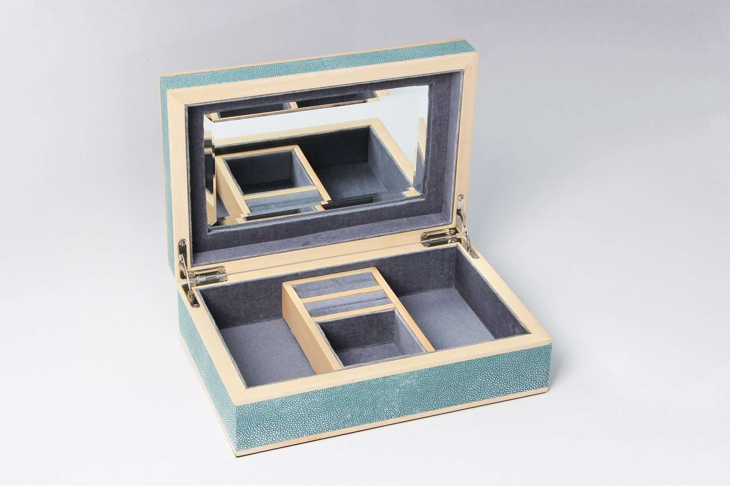 Ansley jewellery box in teal faux shagreen with sycamore trim, 28 x 19 x 8.5 cm, Forwood Design