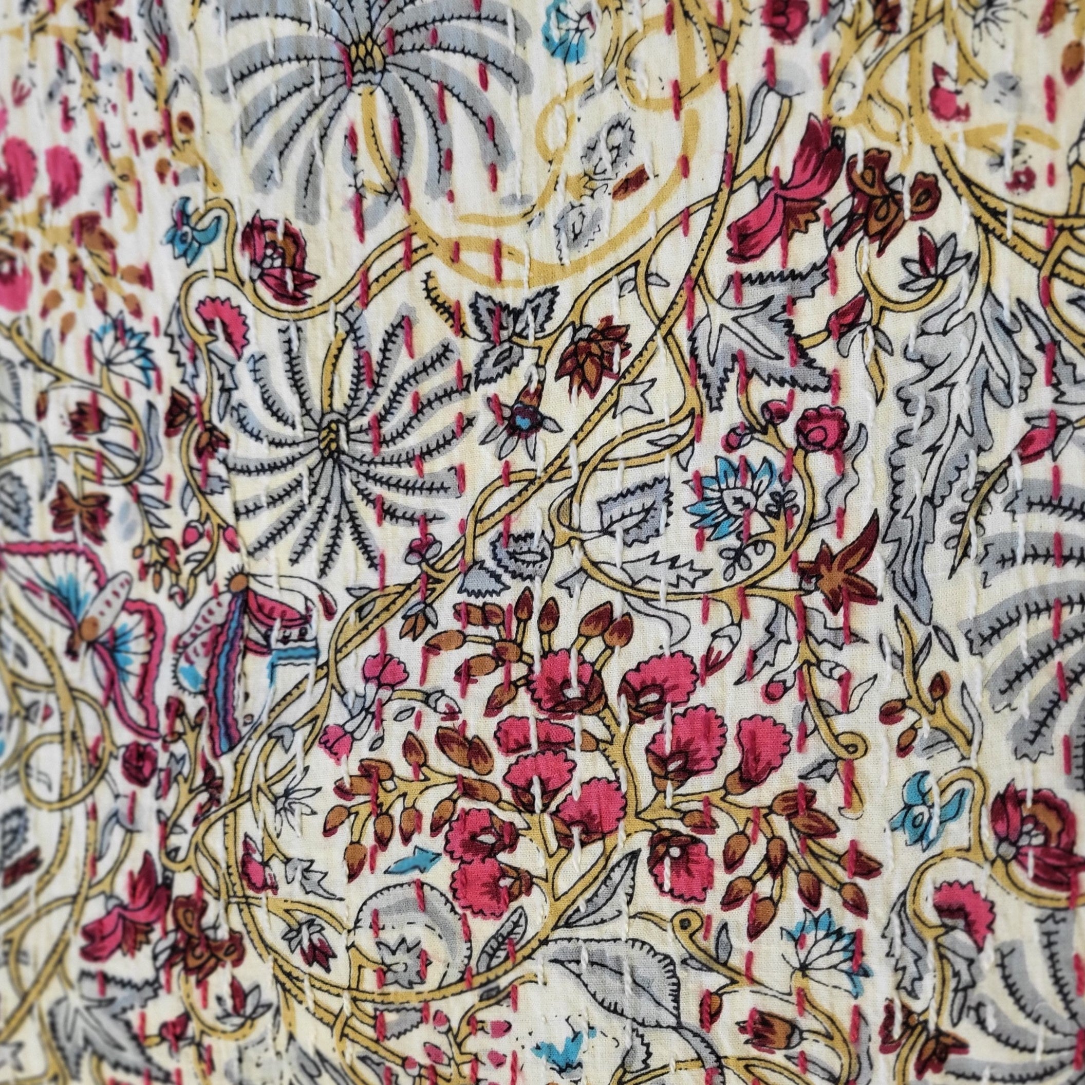 Rainforest kantha bedspread, white ground, hand stitched cotton