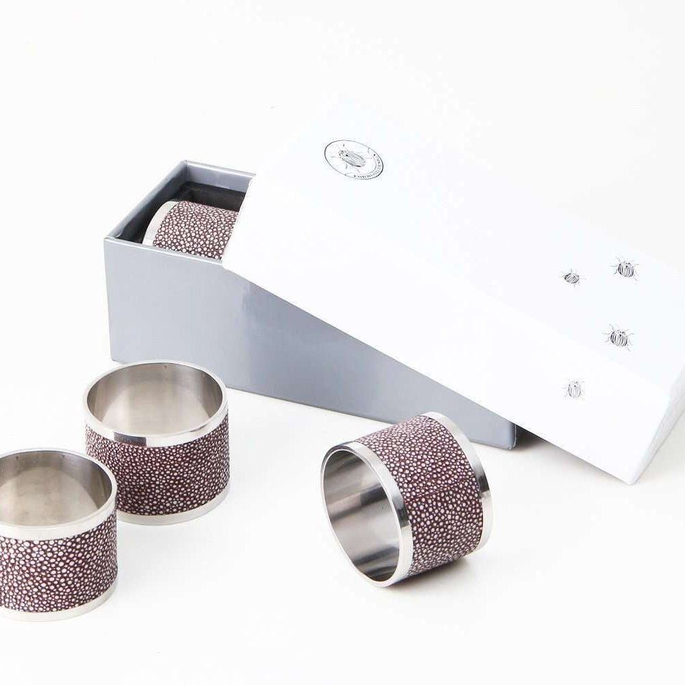 Mulberry faux shagreen napkin rings by Forwood Design, set of 4, styled on a dinner table
