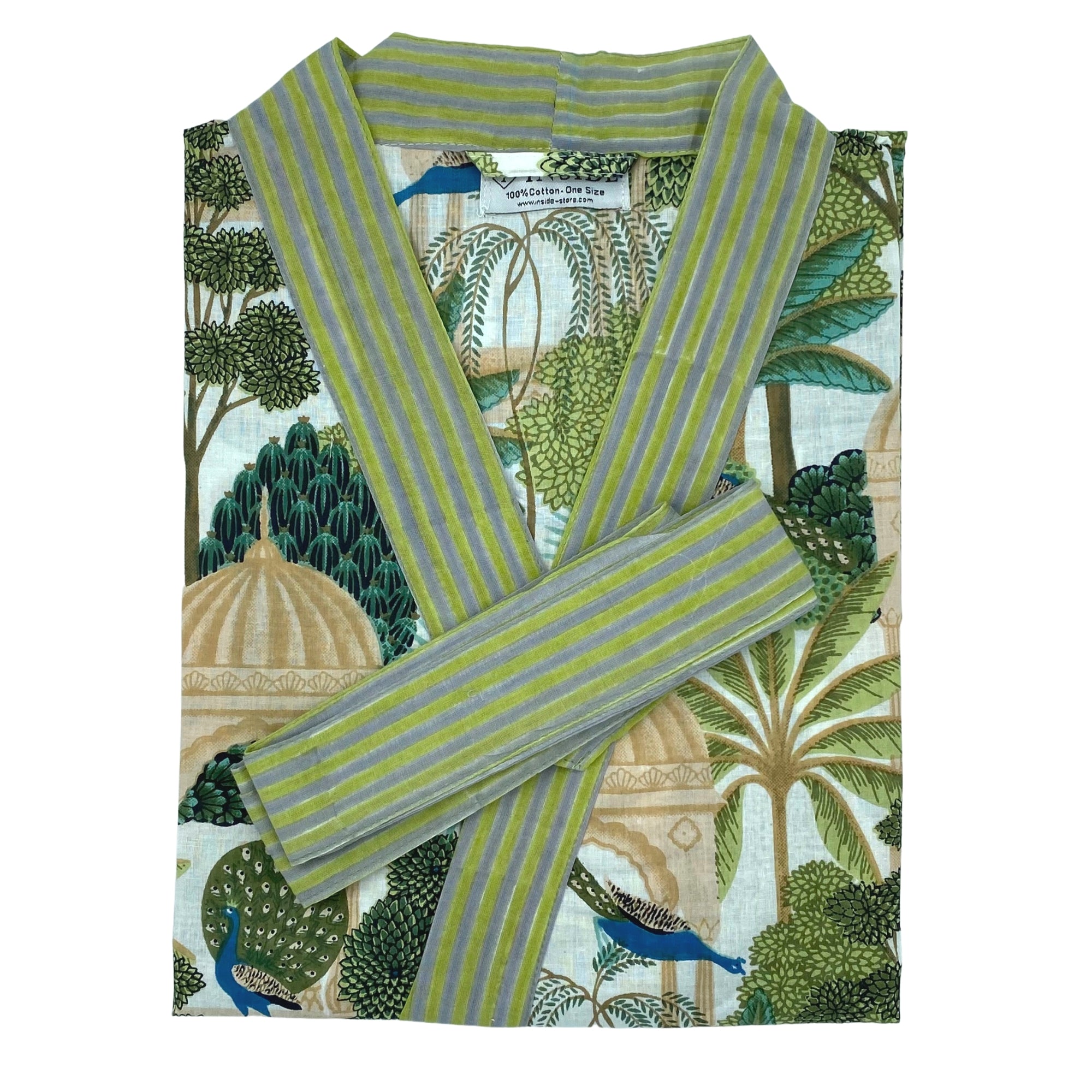 Paradise Green and Purple block print cotton robe, tropical pattern, one size