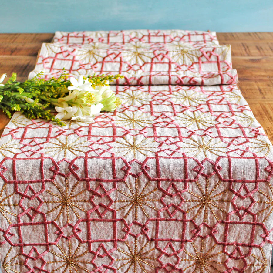 Suzani Pink Silk Sitara linen runner, sitara work detail