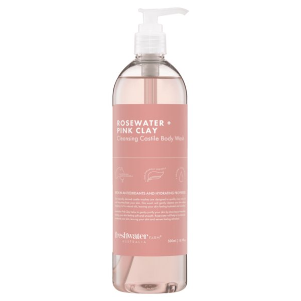 Rosewater and Australian pink clay castile body wash, 500ml, naturally derived and vegan