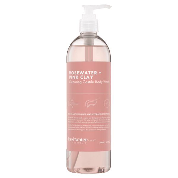 Rosewater and Australian pink clay castile body wash, 500ml, naturally derived and vegan