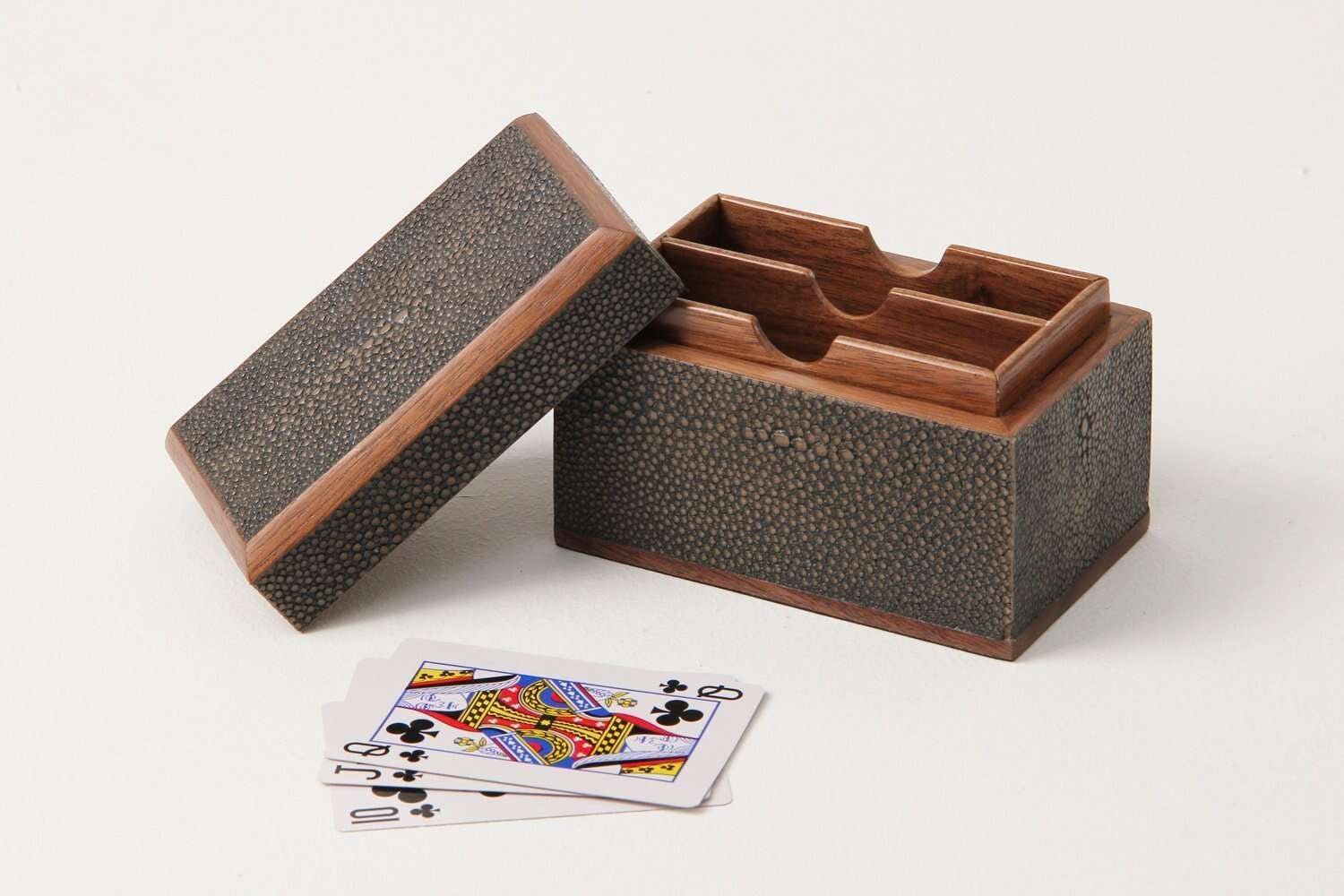 Playing card box in seal brown faux shagreen with walnut lining, 12 x 6 x 8 cm, Forwood Design