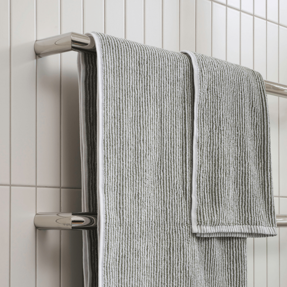 Organic cotton towel in white and olive-green stripe by Citta, GOTS certified, three sizes