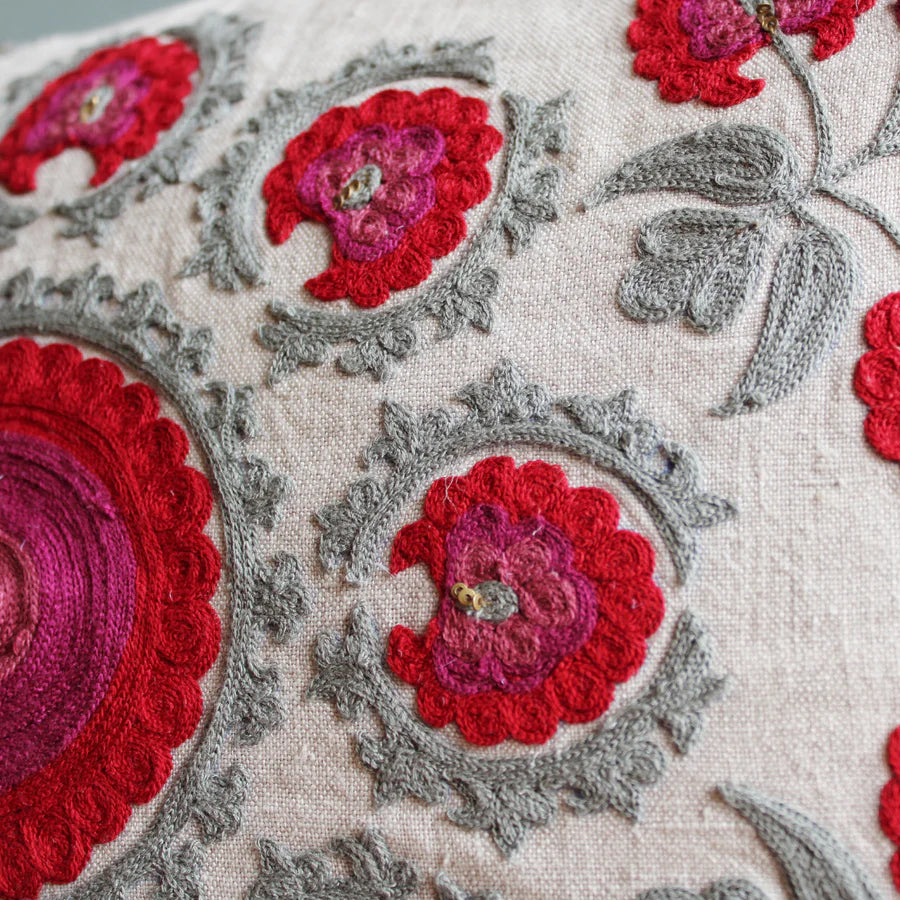 Suzani Red Butah rectangular linen cushion, close view of embroidery