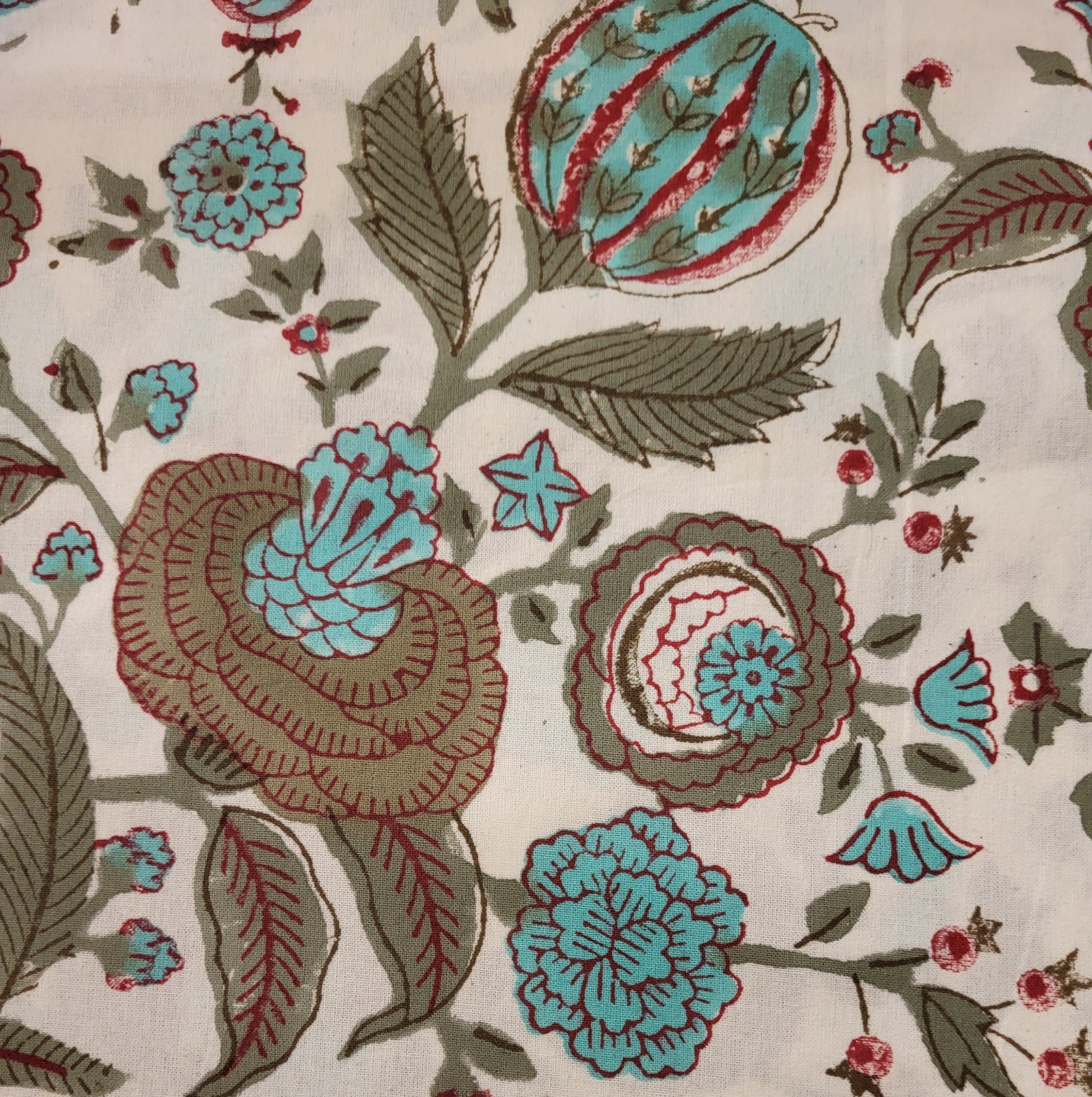 Turquoise poppy block-print cotton tablecloth