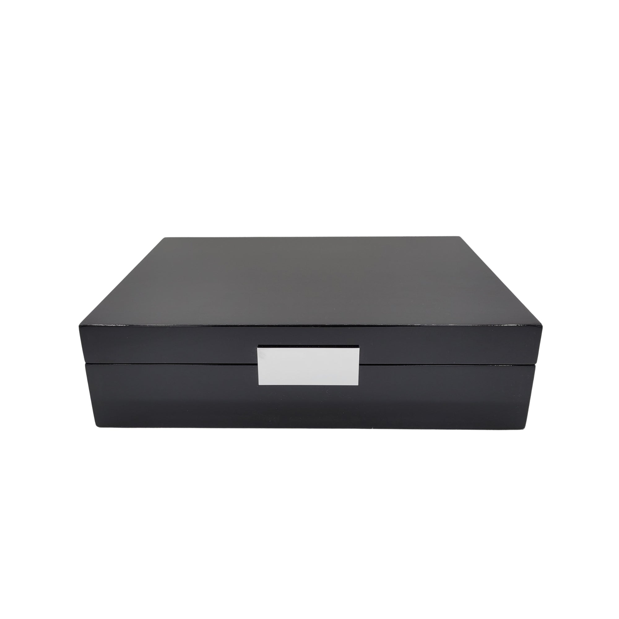 Addison Ross black lacquer watch box with silver clasp and eight compartments