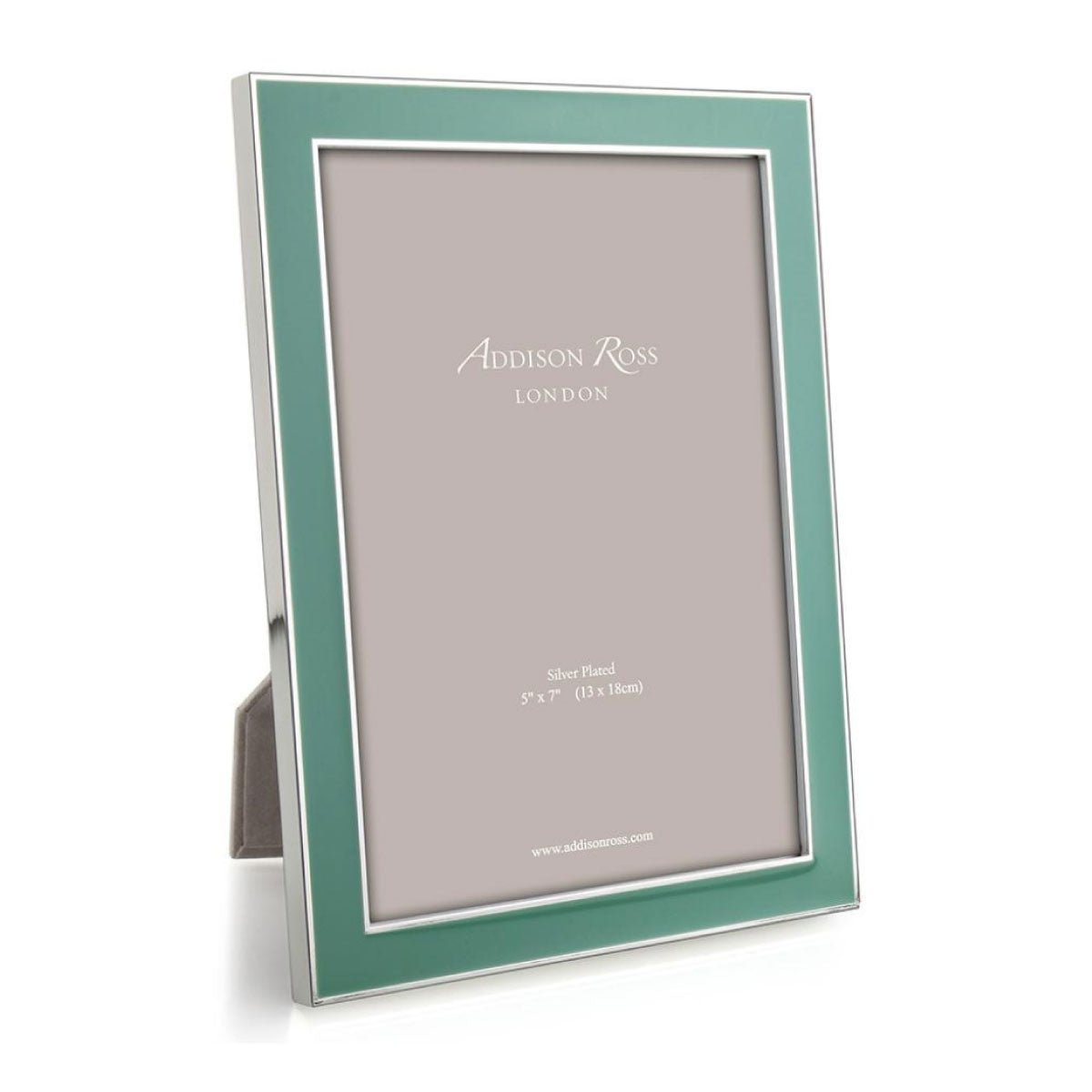 Duck egg enamel and silver-plate photo frame by Addison Ross, 4 x 6 or 5 x 7 inch, grey velvet back