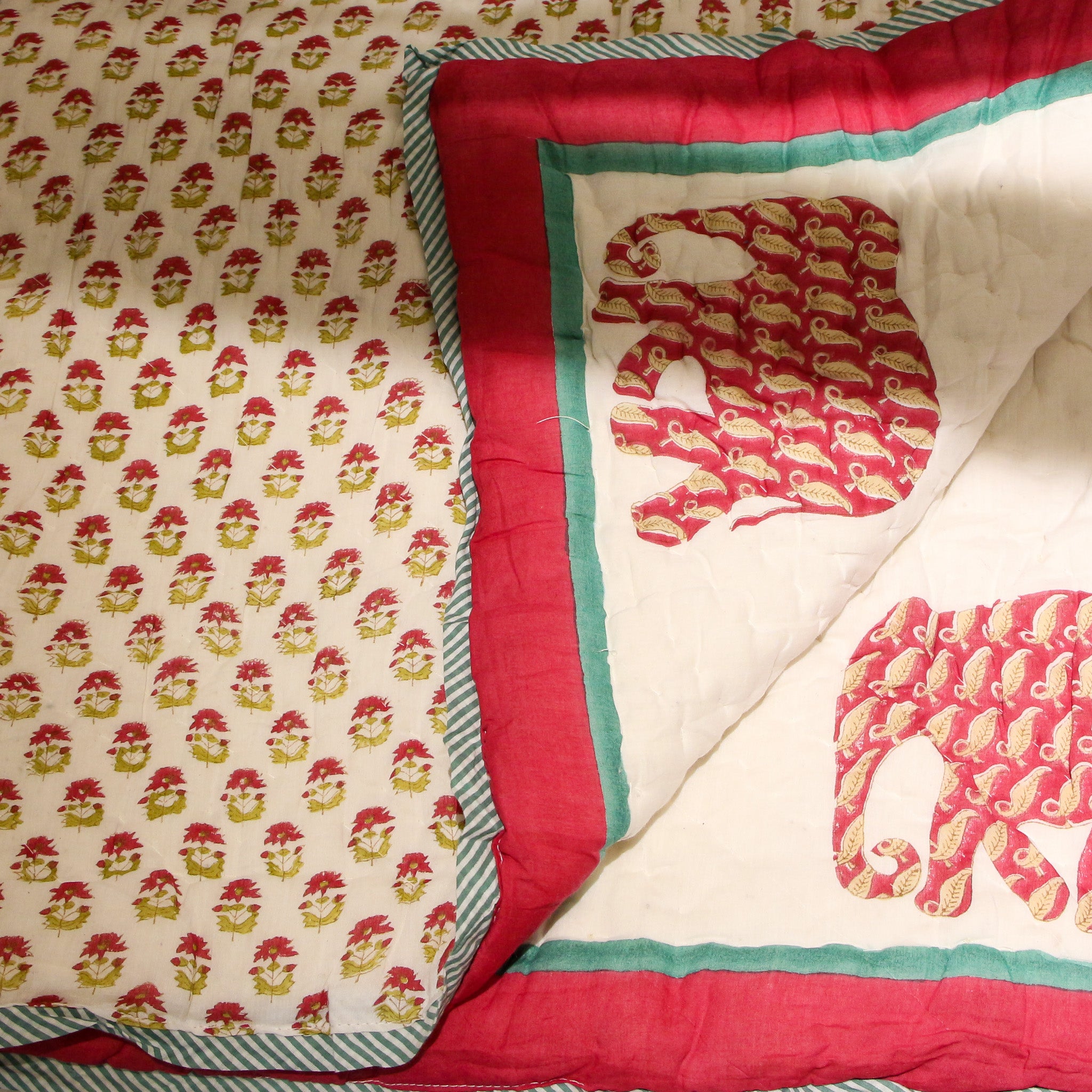 Block-print quilt with cute elephants, single