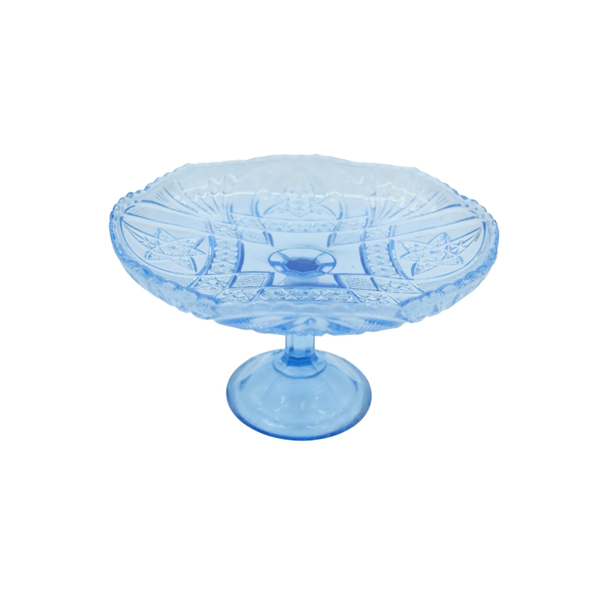 Blue pressed glass cake stand, vintage European glass, All'origine
