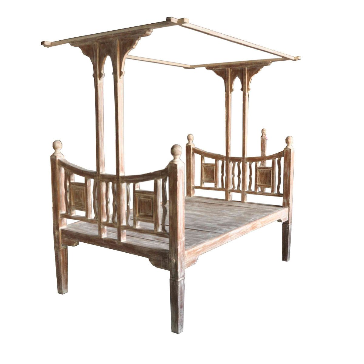 Vintage white-wash teak canopy bed, small double, handmade in India, 122 x 185 x 184 cm