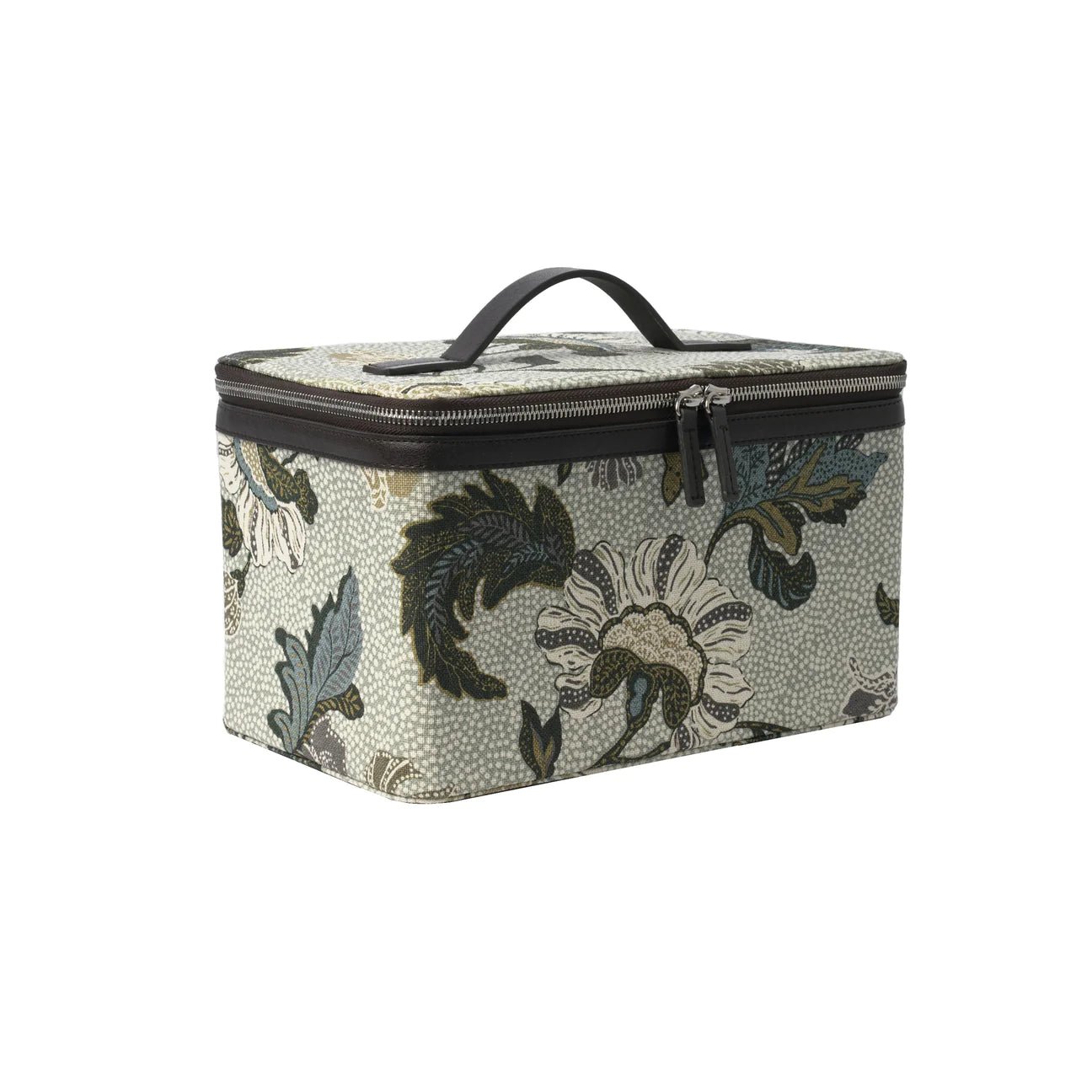 Ceannis beauty box in white flower linen with a firm top handle