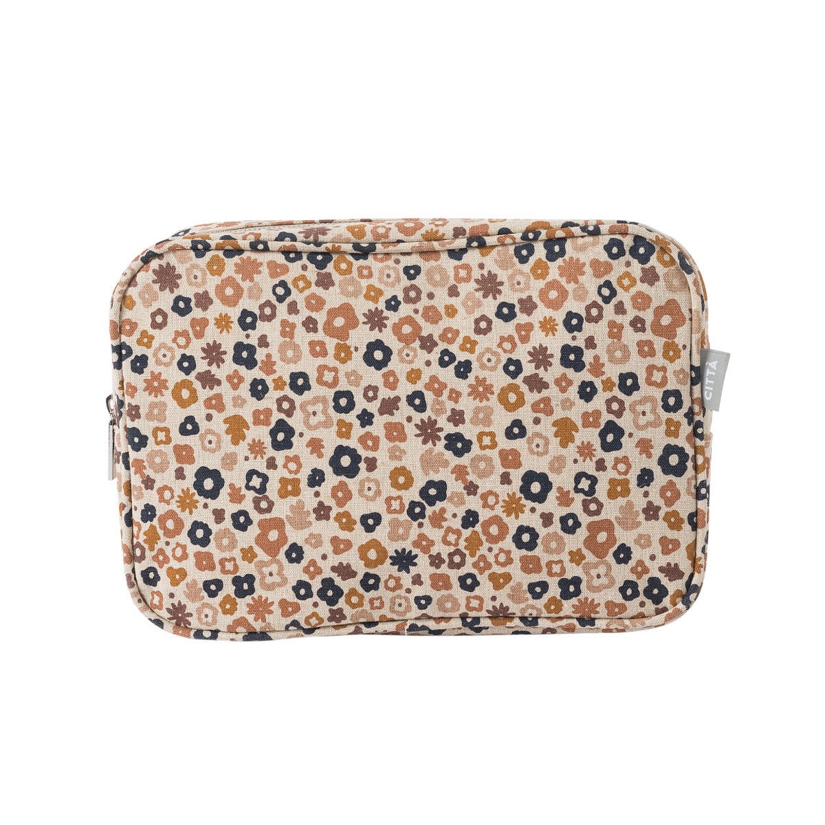 Daisy cosmetic case in pecan with a 70s-inspired floral design