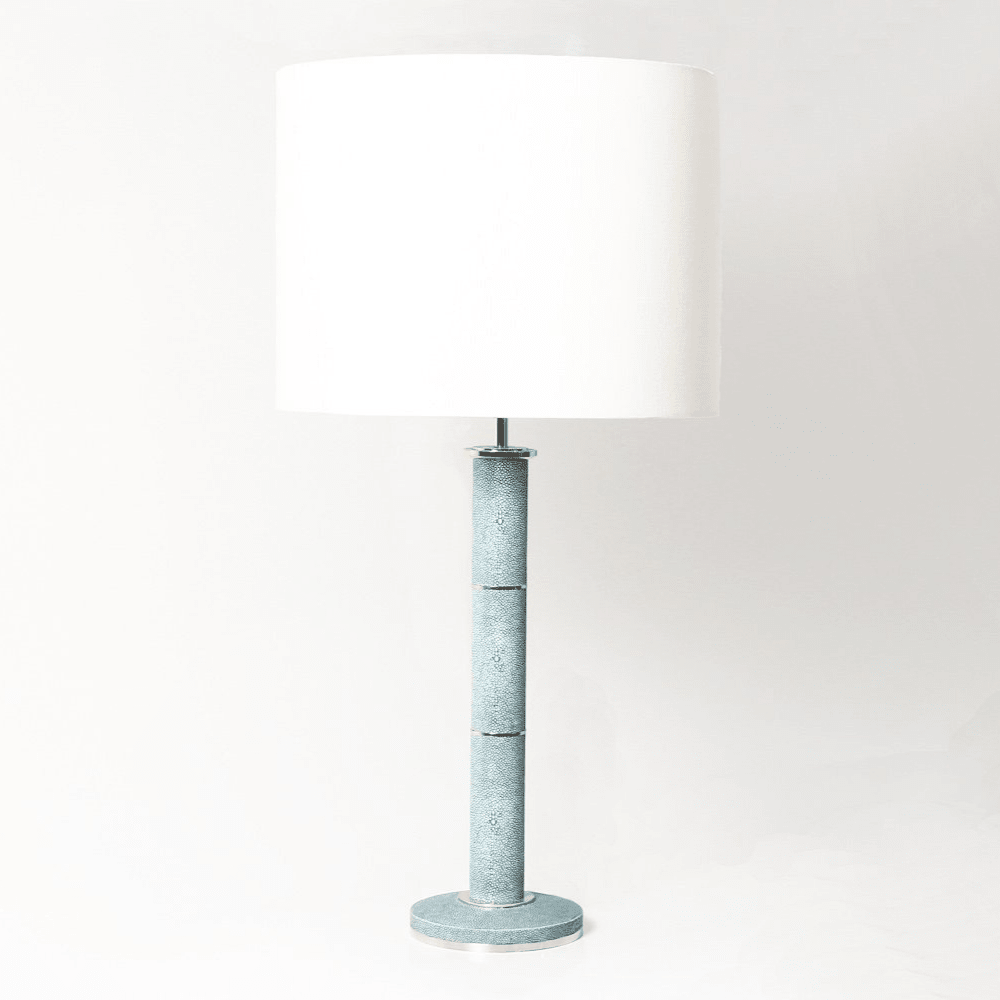 Teal faux shagreen column table lamp by Forwood Design, stainless steel with cream silk shade, 40 x 40 x 78 cm