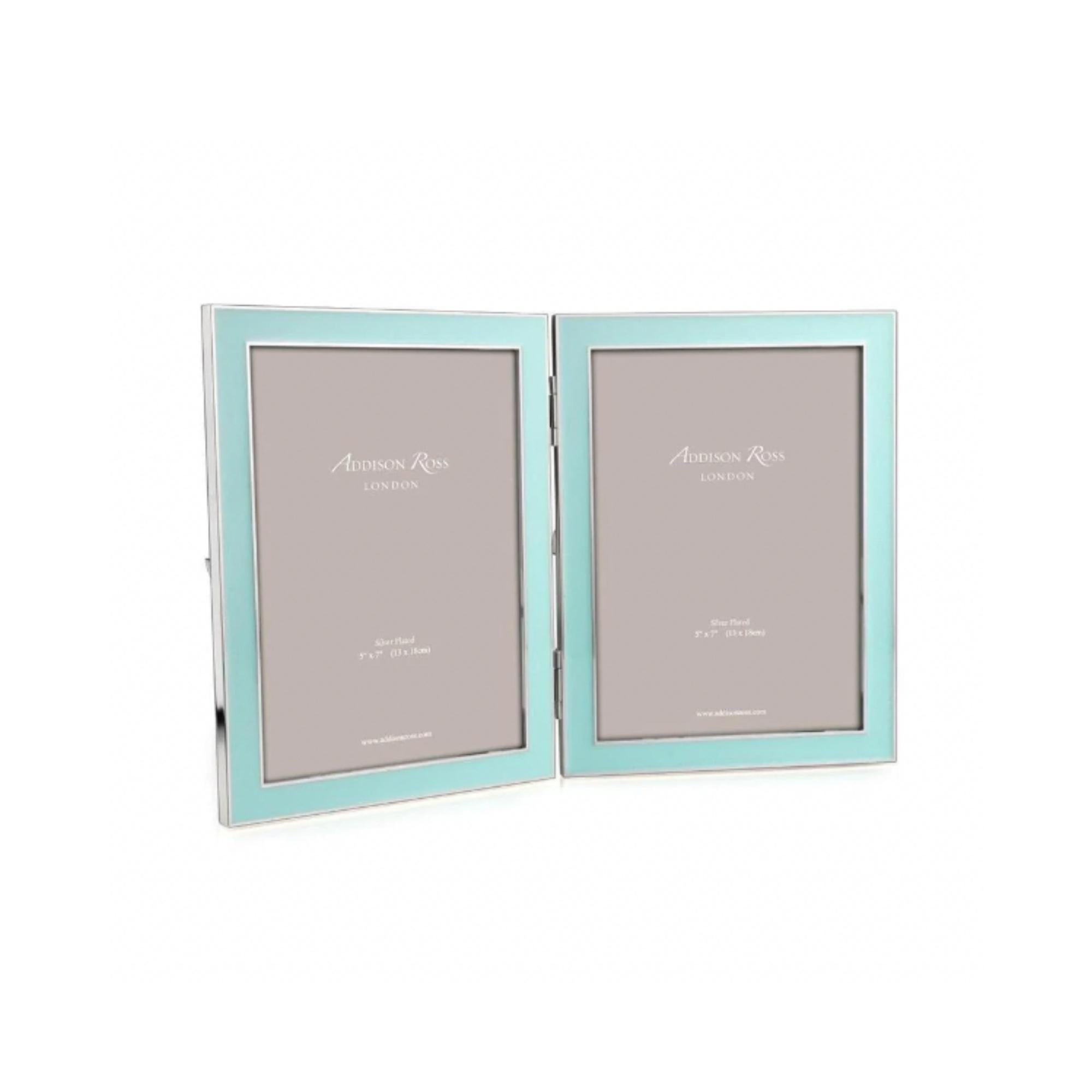 Enamel double frame in blue by Addison Ross, holds two 5 x 7 inch portraits in portrait