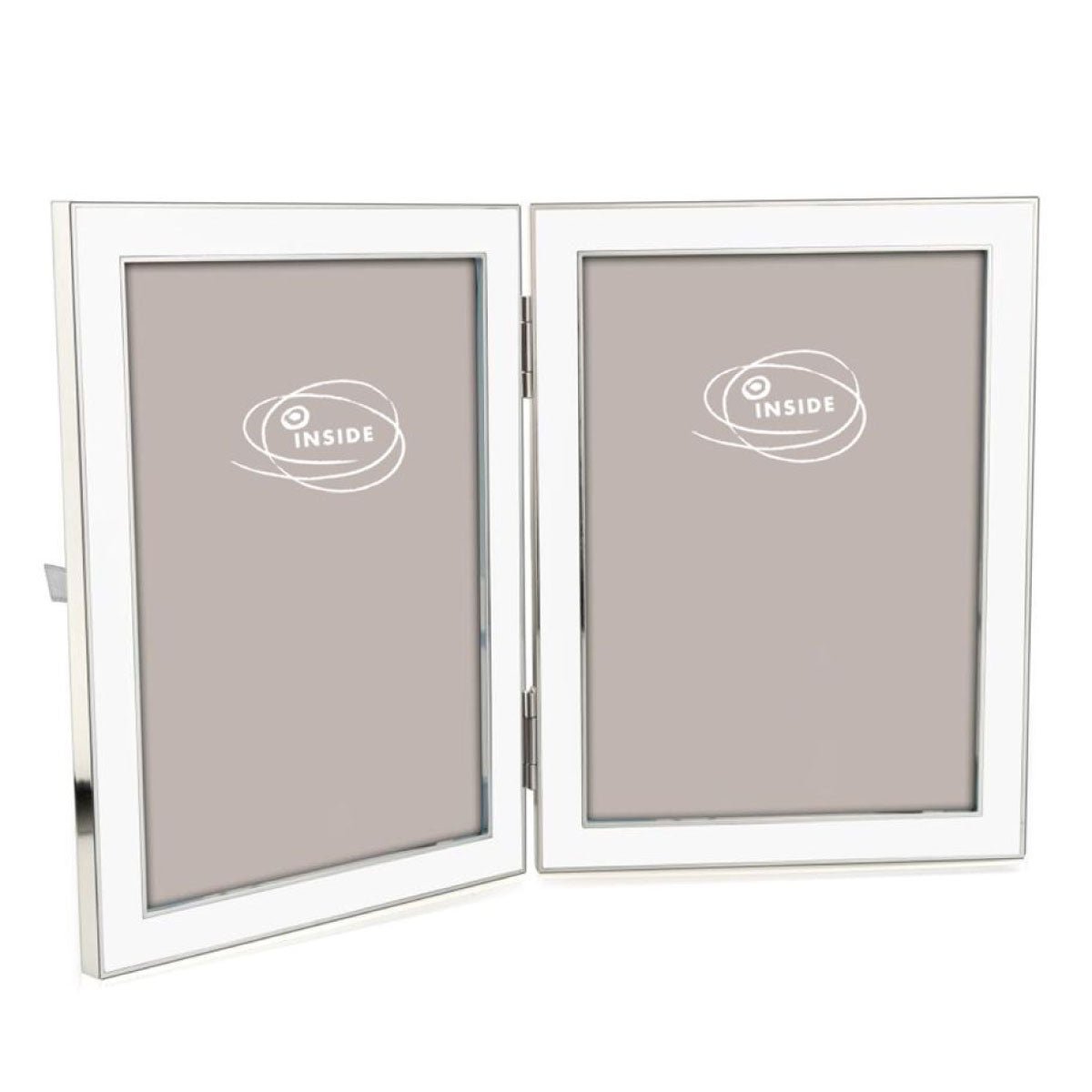 Double white enamel and silver-plate photo frame by Addison Ross, holds two 5 x 7 inch photos, grey velvet back
