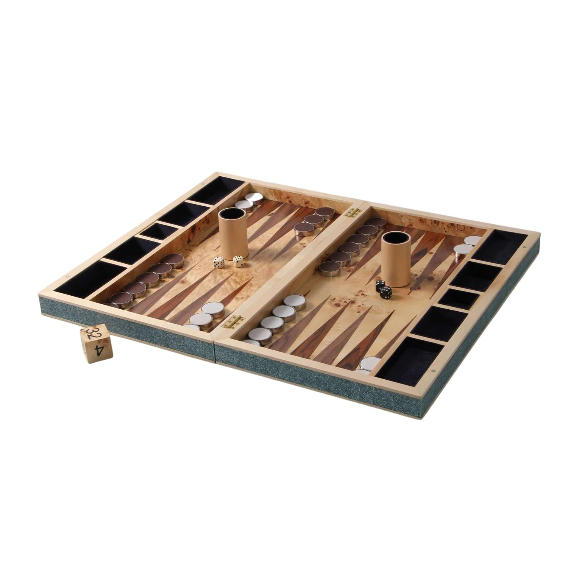 Teal faux shagreen backgammon board, open showing playing surface and midnight blue velvet storage