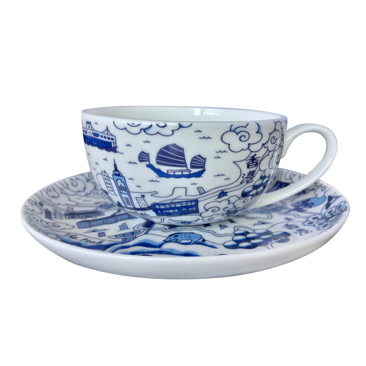 Willow pattern fine bone china cup and saucer in blue by Faux, Hong Kong harbour design