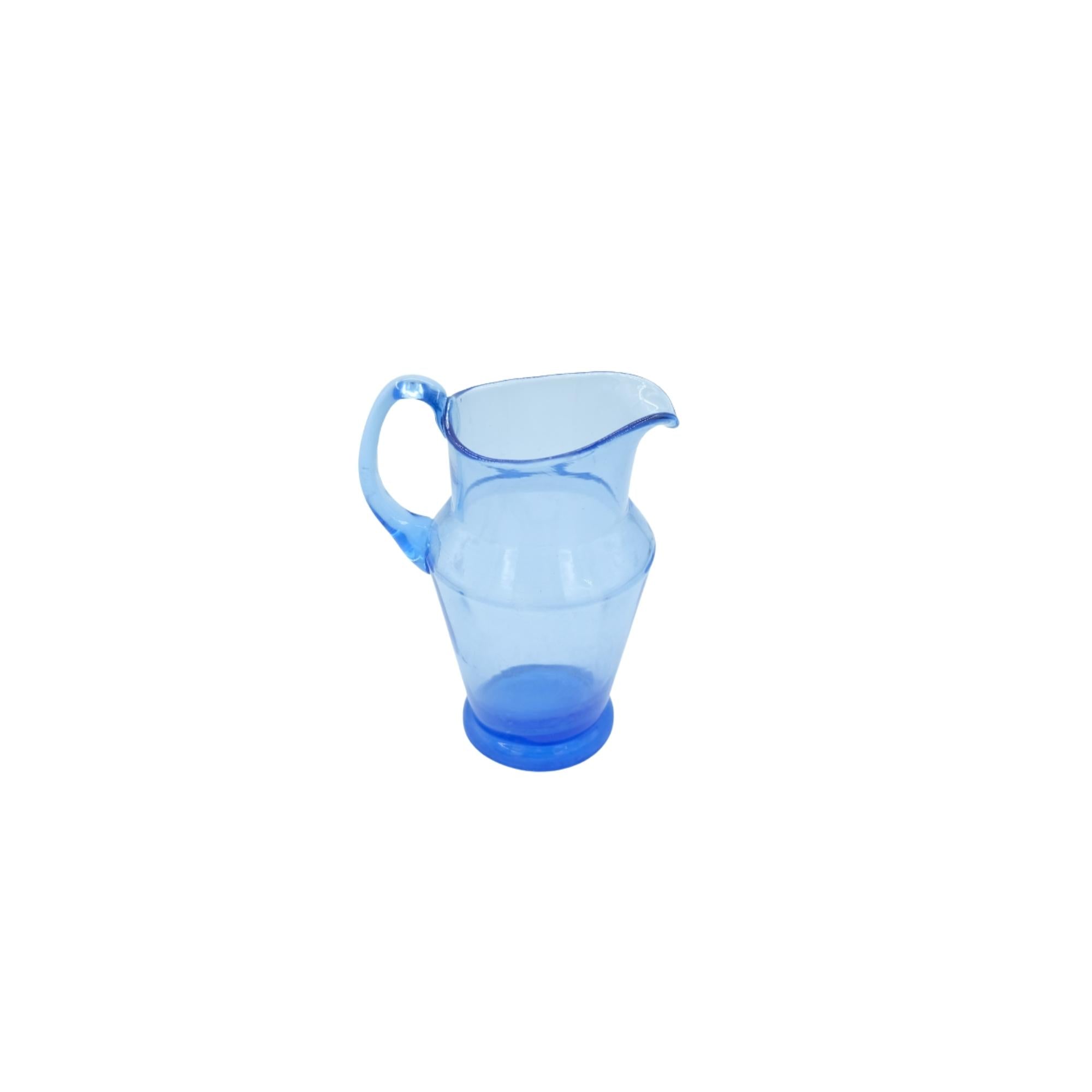 Blue mouth-blown vintage glass carafe, small size, All'origine
