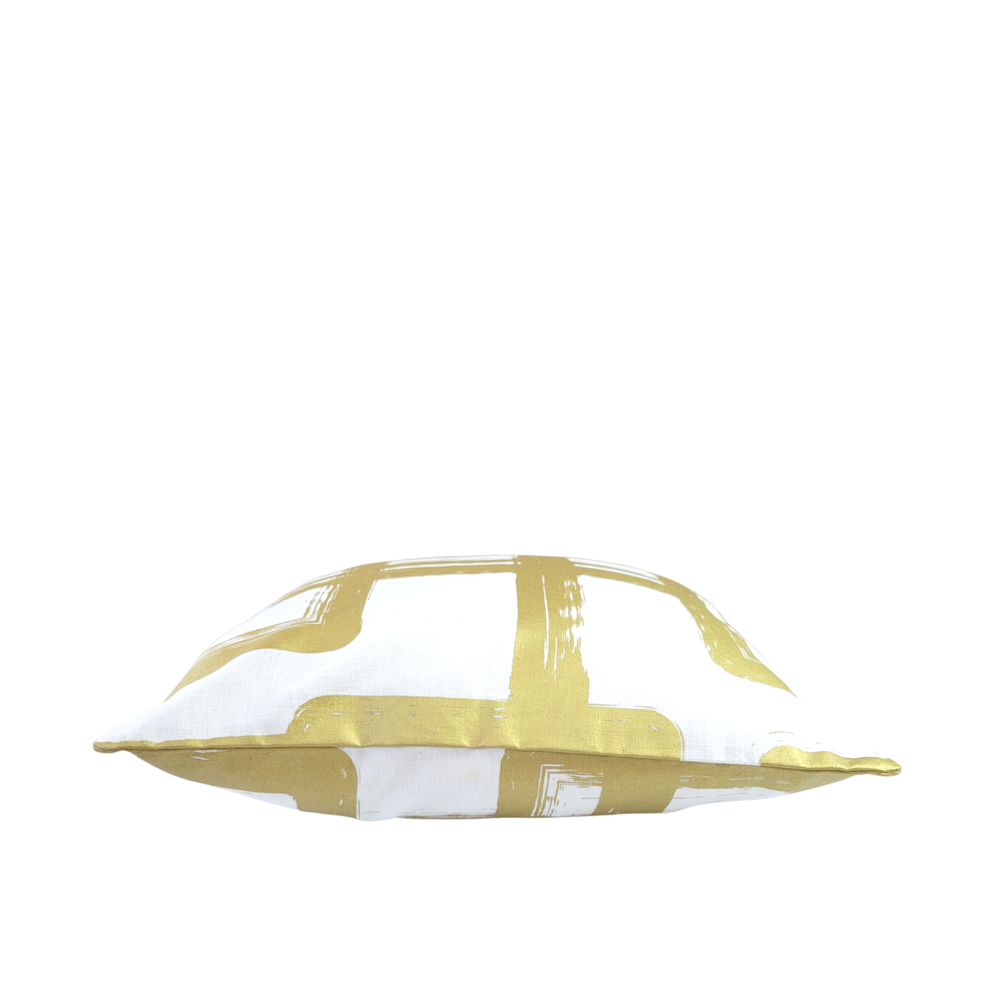 Gold and white Graphic Brush Linen cushion by Ceannis, reverse view