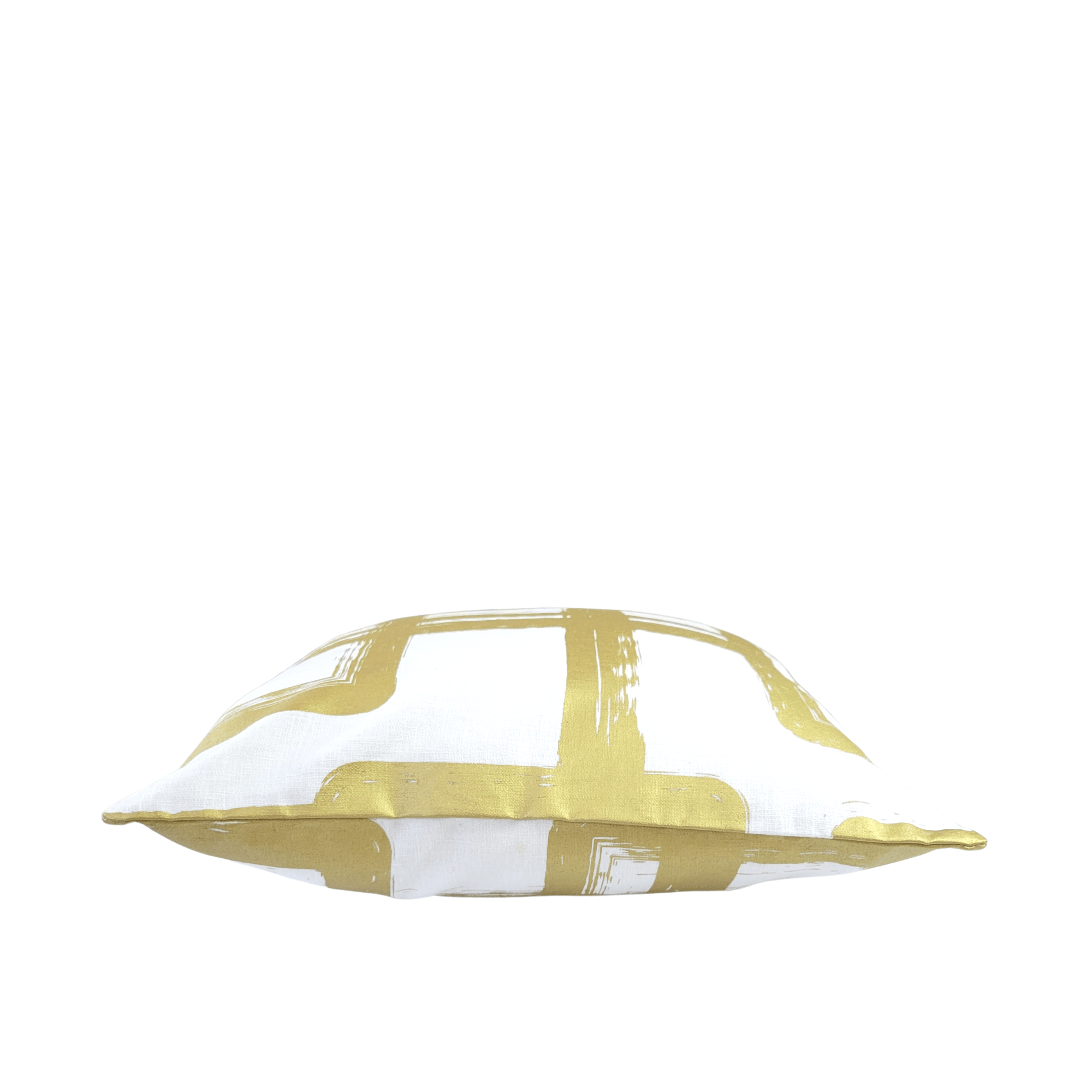 Gold and white Graphic Brush Linen cushion by Ceannis, reverse view