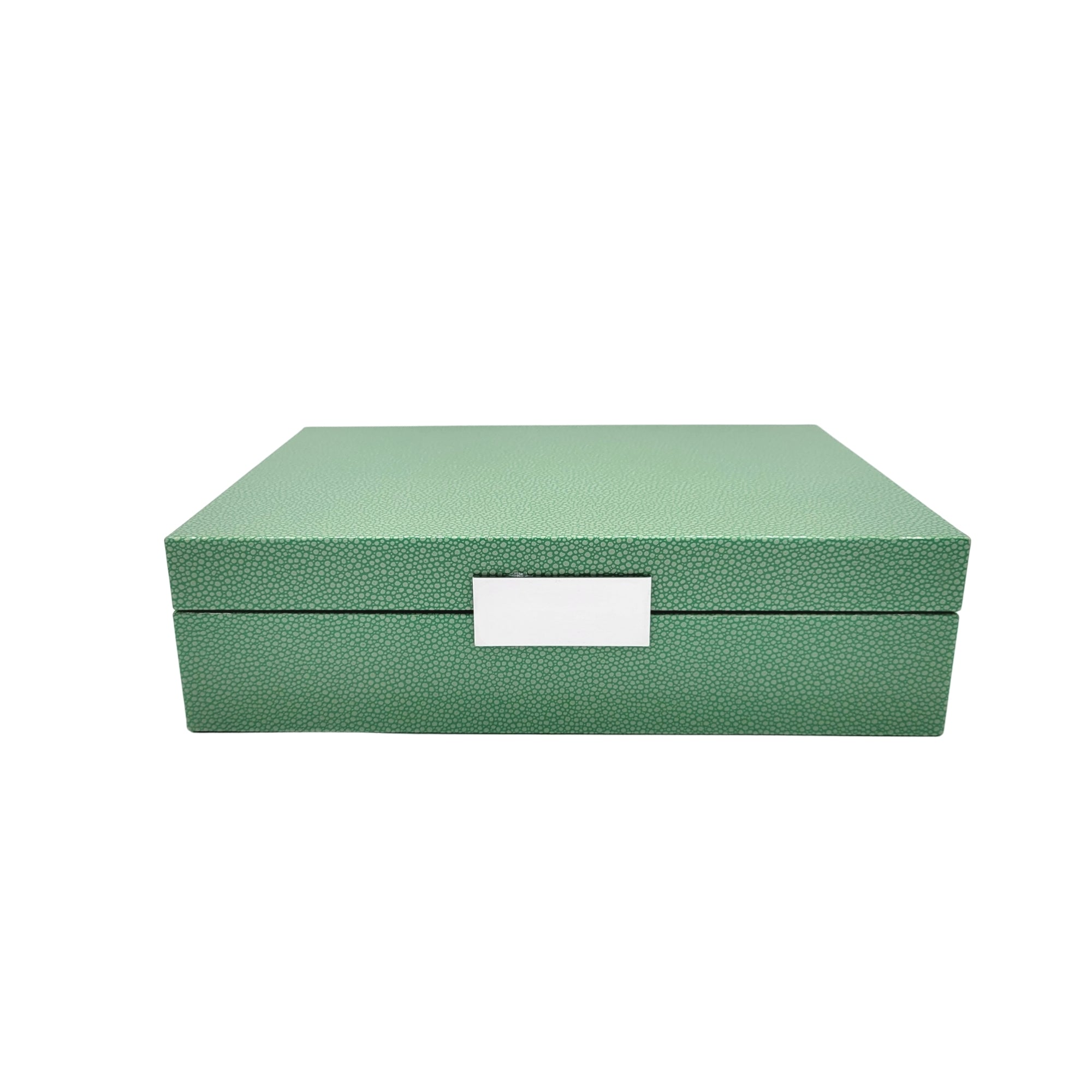 Green lacquer watch box by Addison Ross with silver clasp, eight cushioned compartments