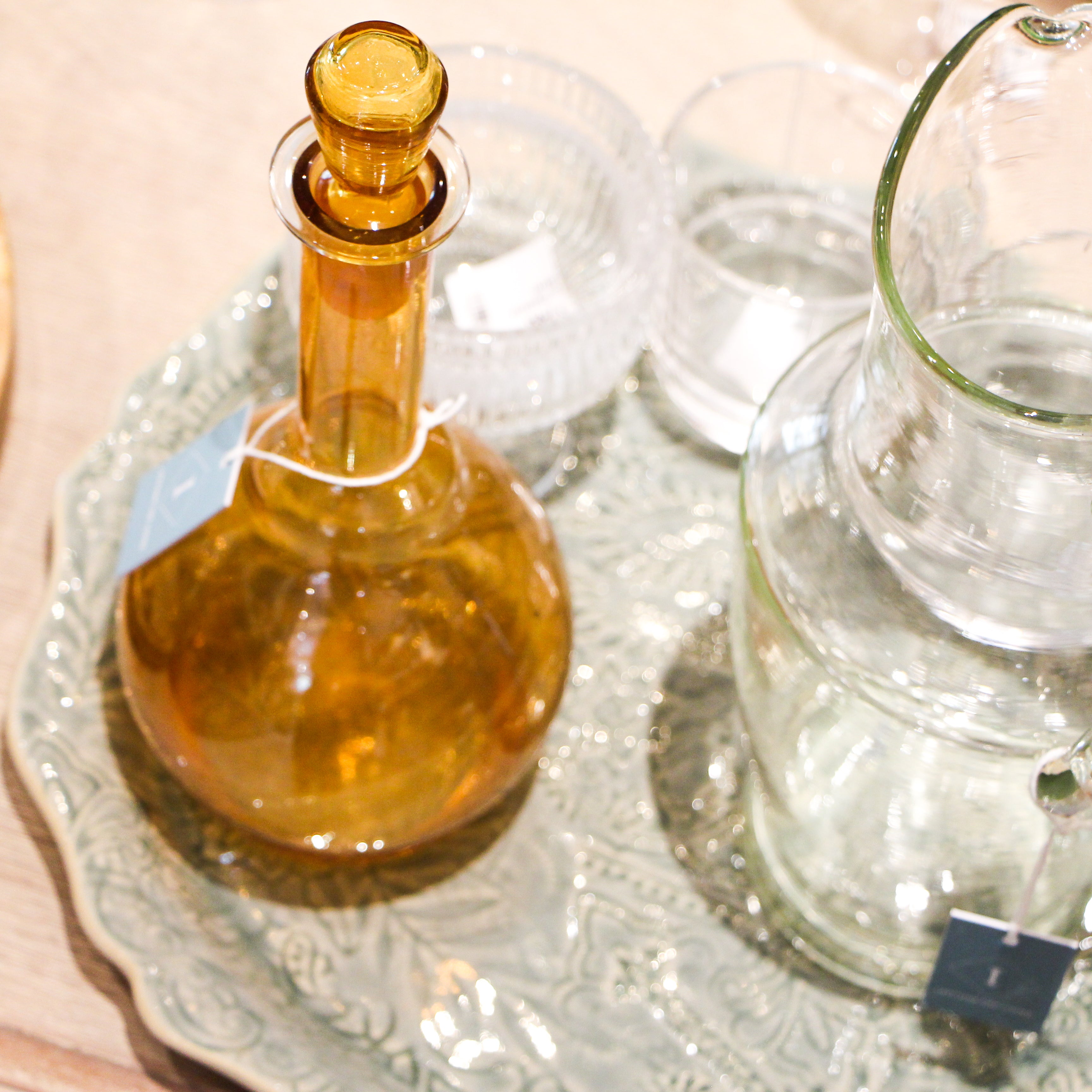 Hand-blown amber and gold glass bottle with stopper, vintage piece