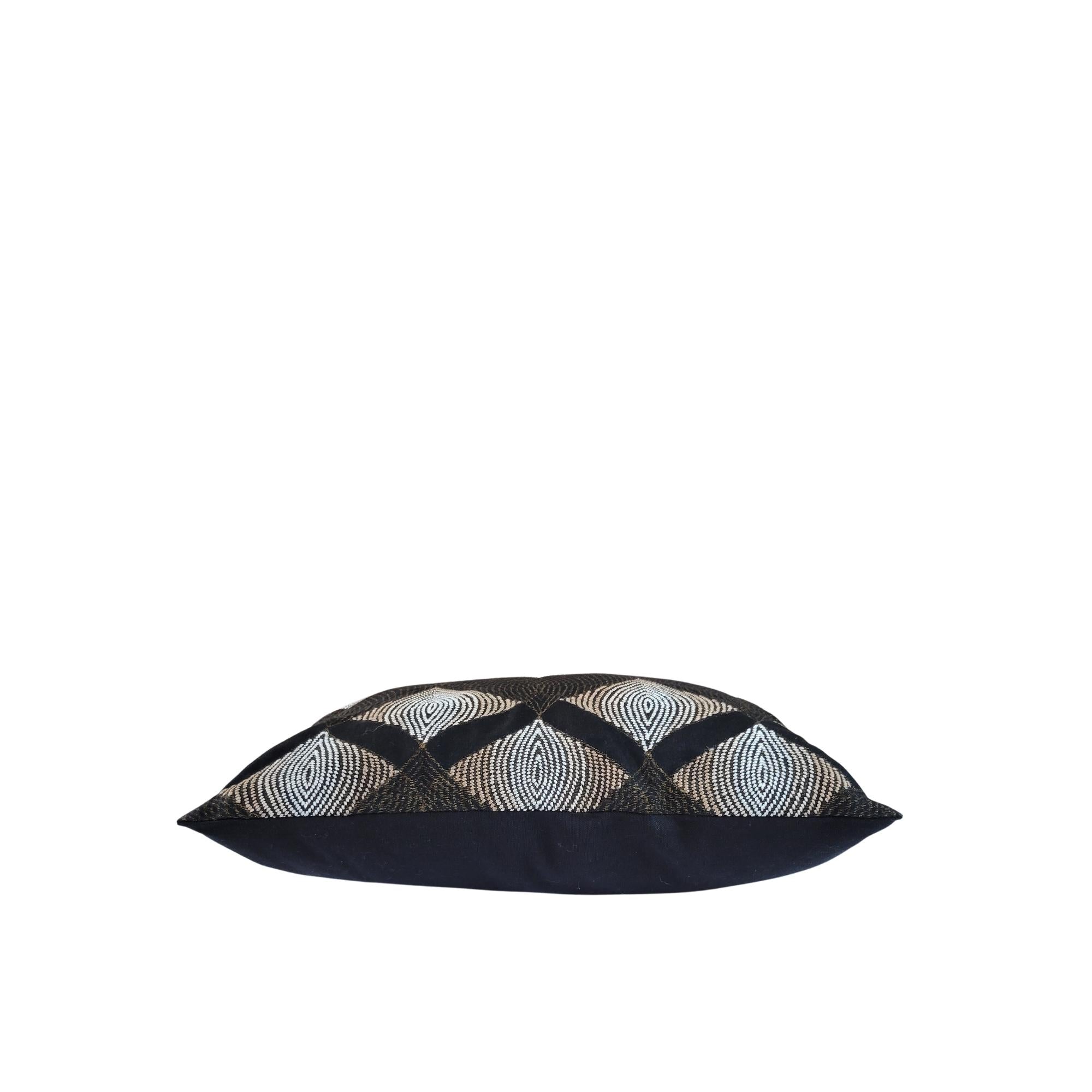 Black, white and gold geometric block-print cushion with hand embroidery, Rasa Jaipur