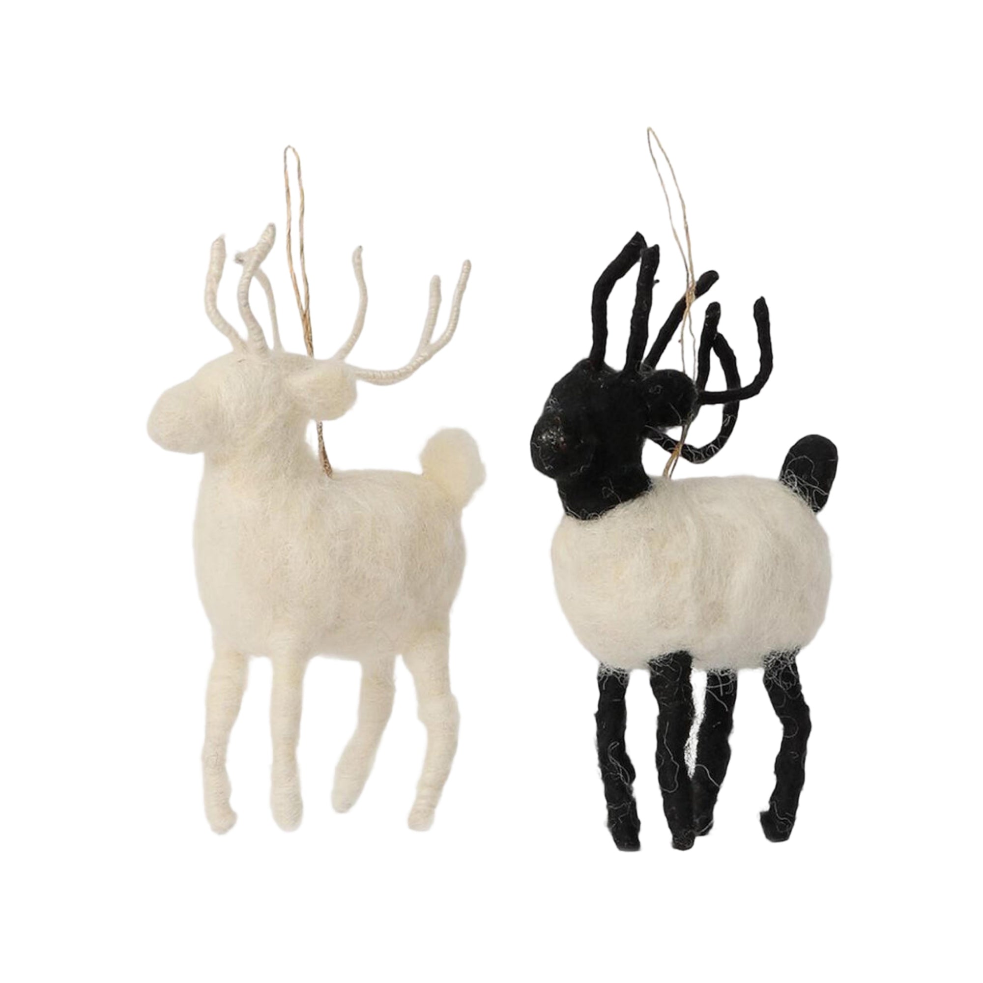 Black and white felt reindeer Christmas decorations, handmade in Jaipur, set of two
