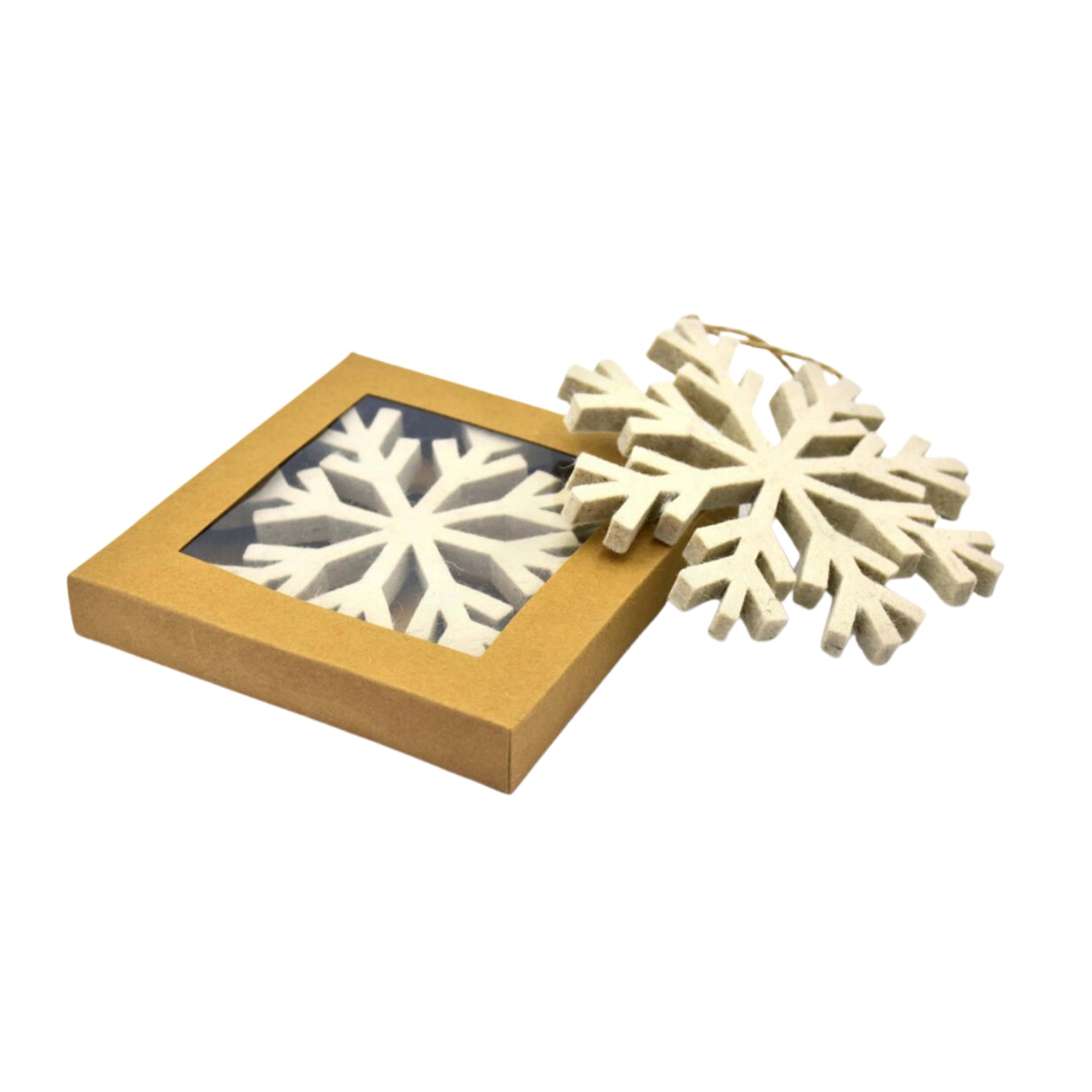 Hand-stitched felt snowflake decorations, organic wool, set of two, Jaipur