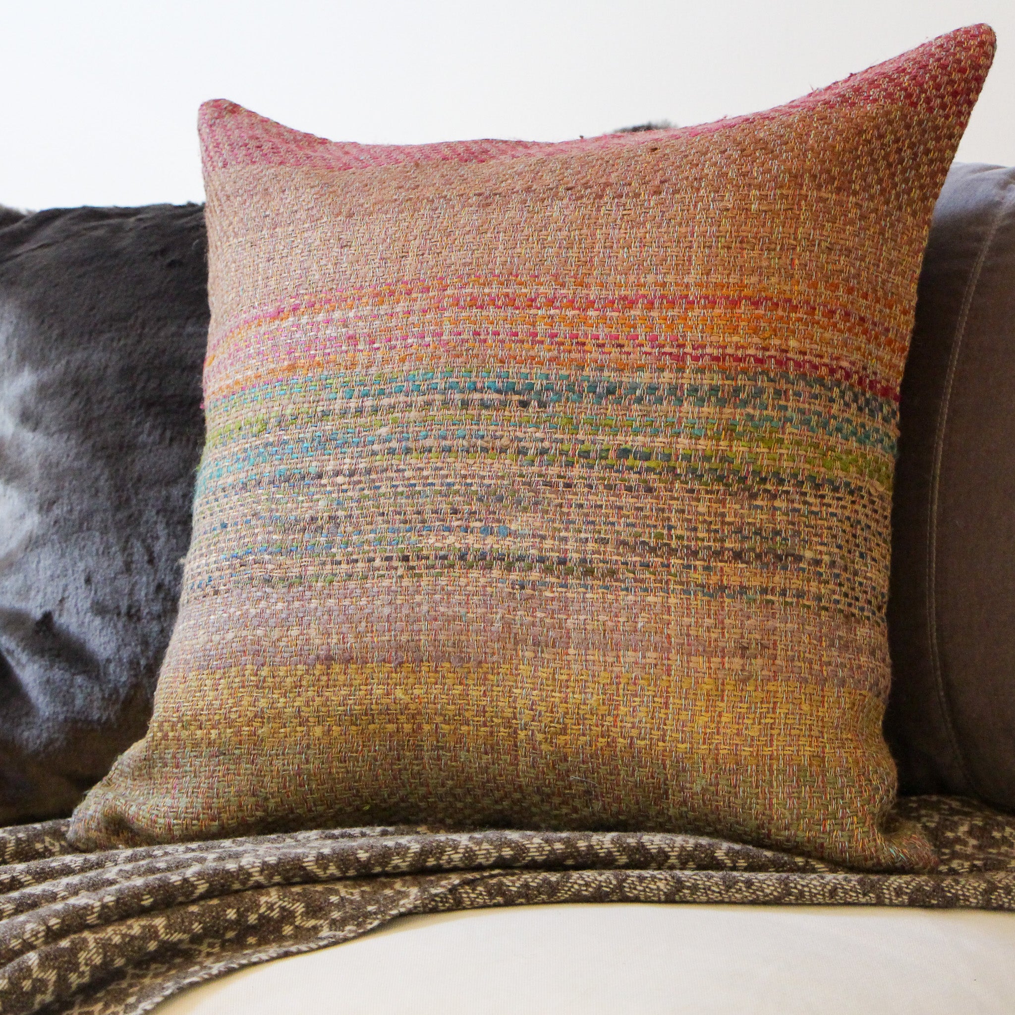 Handwoven silk and linen cushion with a striped multicoloured pattern, 50 x 50 cm, India