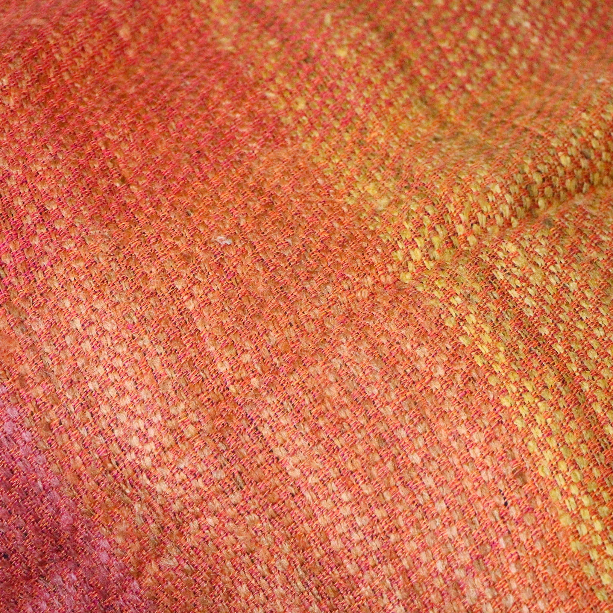 Handwoven silk and linen throw, striped in warm coral red tones, 130 x 170 cm
