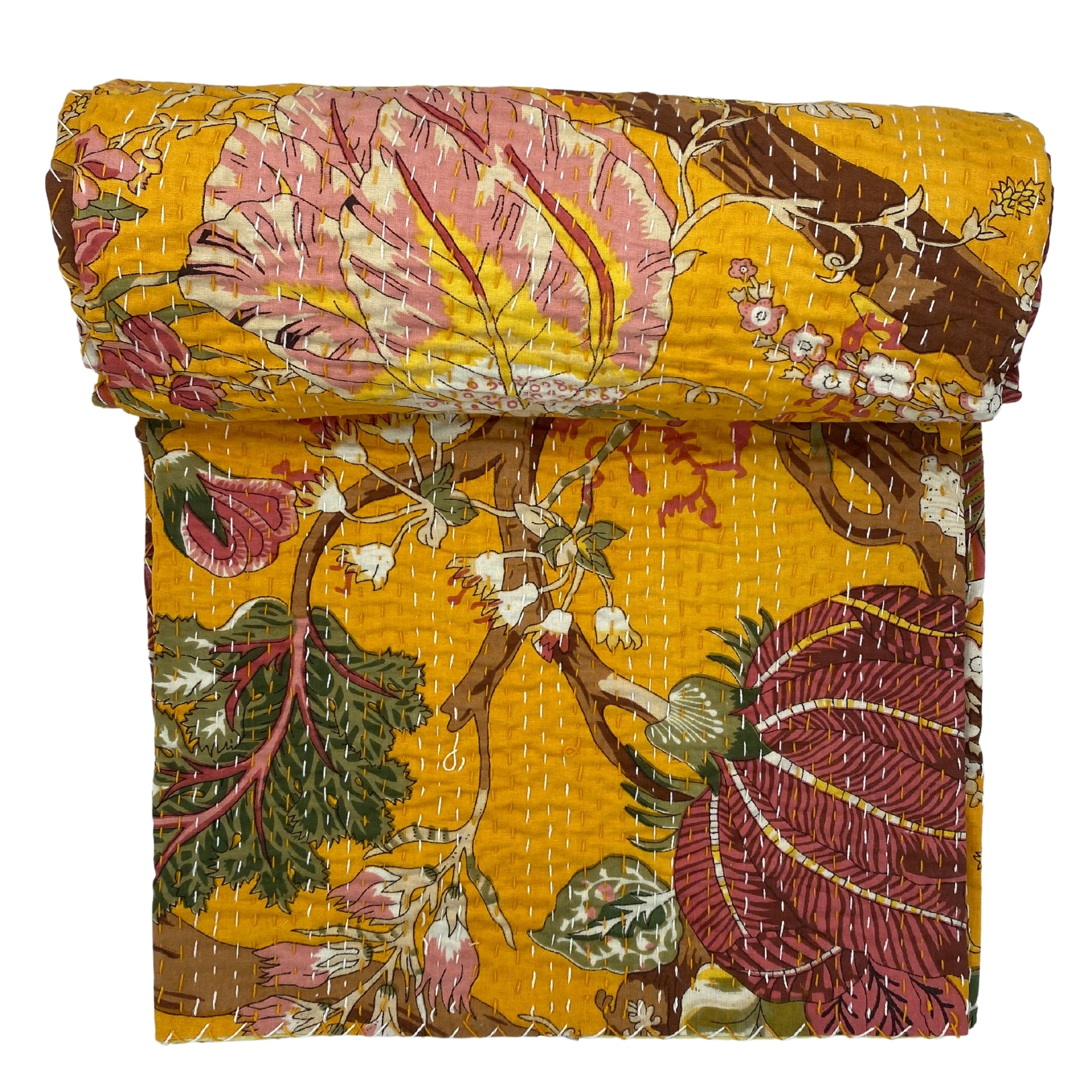 Saffron floral kantha bedspread, handcrafted cotton, reverse stitching detail